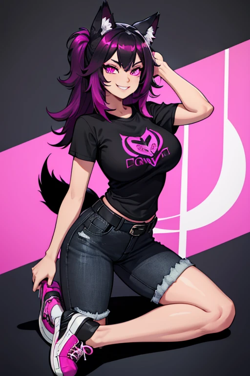 Gothic Schoolgirl Clothes, busty, sexy leopard, Leopard Furry, thick spotted fur, Curly hair, curly pigtails, feline girl, ((leopard head and face)), black cut off shirt, fishnet undershirt and leggings, Black and Purple Skirt, Combat Boots 