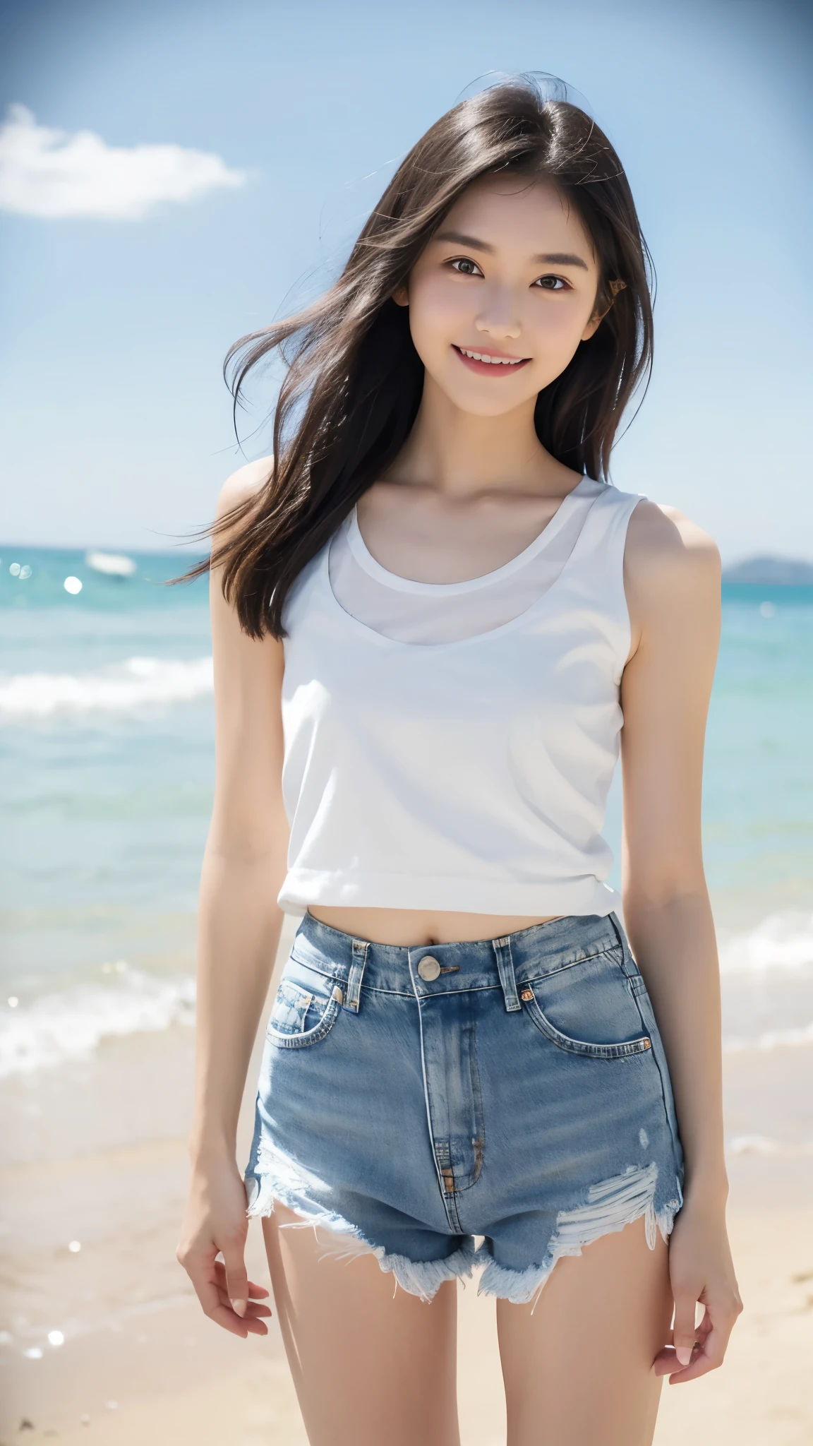 (8k, RAW photo, best quality, masterpiece:1.2), (realistic, photo-realistic:1.4), (extremely detailed 8k wallpaper), Japanese 20 age woman, She is wearing a white tank top and jean shorts,The background is the sea,her hair is blowing in the wind,she is smiling,bob hair,she goes into the sea and is wet