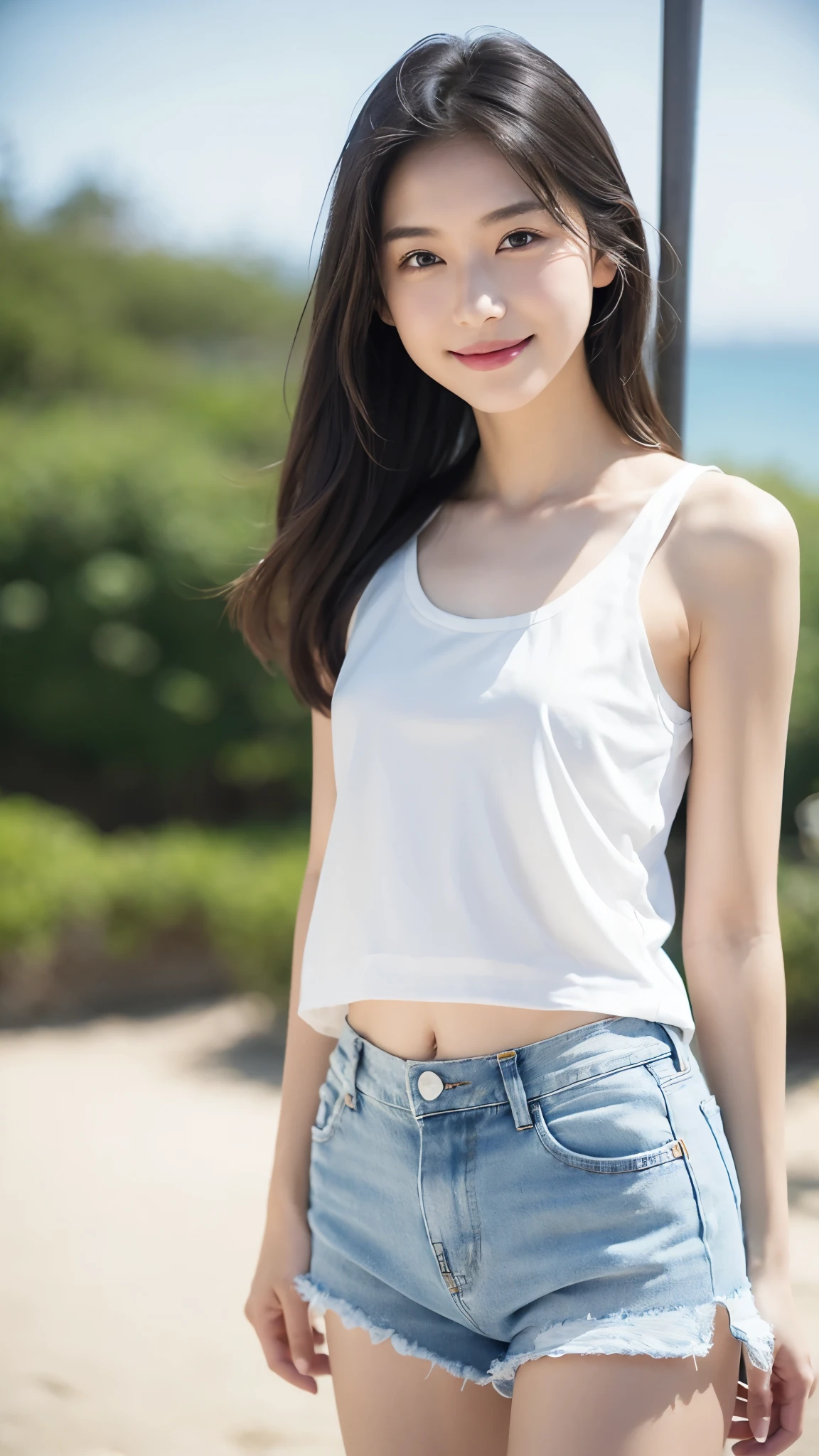 16age、Gaze Here、16k、Transparency、(((Sexy underwear)))、very hot、small summer clothes、Wearing shorts、highest quality、Beautiful Eyes、Sad Smile、Perfect Style, Perfect balance、Detailed skin、Baby Face、Beautiful clavicle、Realistic wrinkles on clothes、Active girl、
