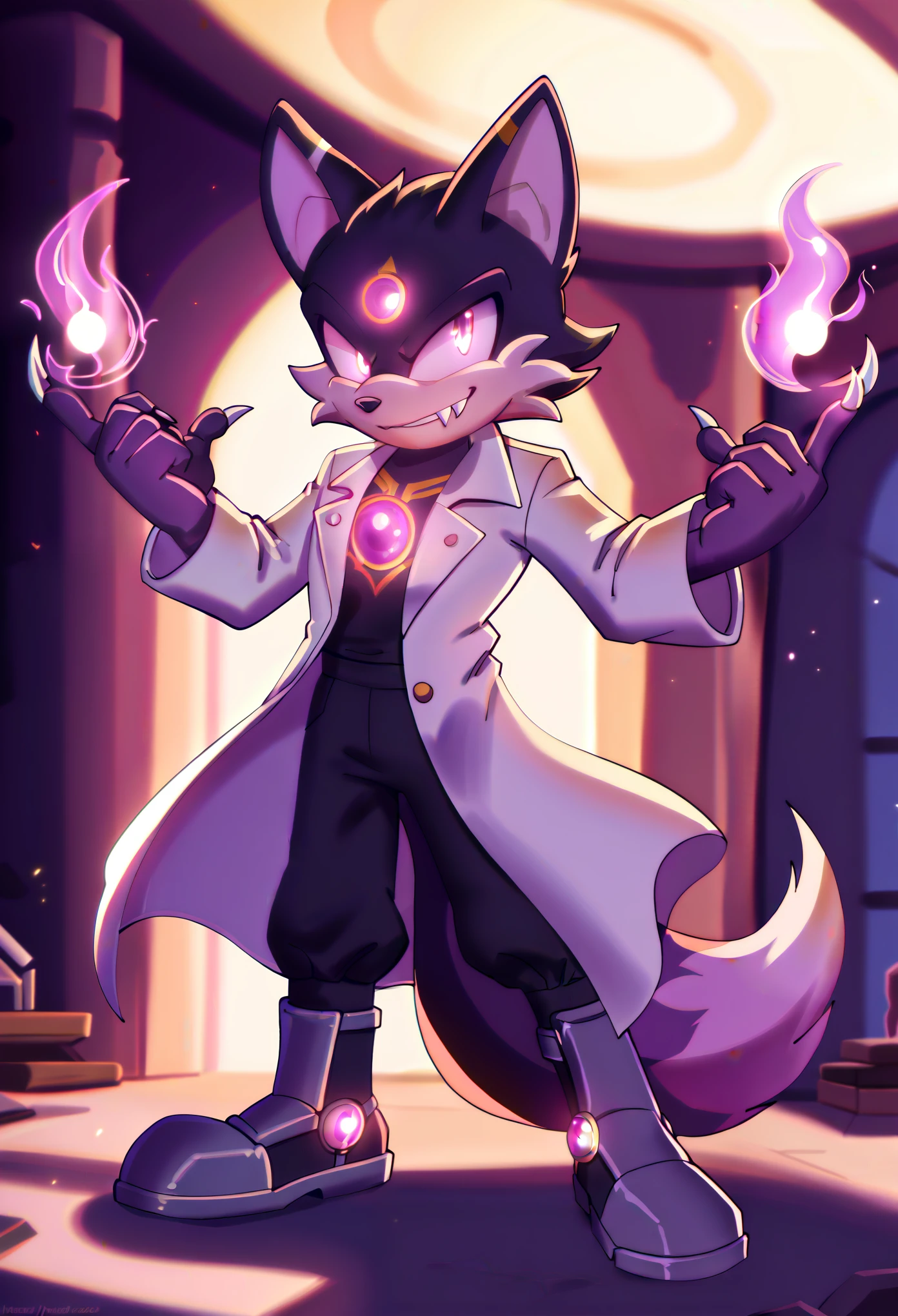 1boy, male fox mobian, anthropomorphic, galaxy fur, void black fur with stars, glowing purple eyes, mischievous smile, sharp vampiric fangs, wearing a white lab coat, black t-shirt, black pants, lab coat with various pockets, steel-toed boots, sharp steel claws, Goggles, amethyst gemstone on forehead and back of hands, wielding dark shadow flames, dark purple shadow energy, sleek and sharp figure, confident pose, space aesthetic, dark, cool lighting, mysterious, ethereal, focused, dynamic action scene, sci-fi, high quality, detailed, detailed face, extremely detailed eyes, masterpiece, 4k, 8k, high-res, ultra-detailed, physically-based rendering, vivid colors, studio lighting cinematic lighting, dramatic lighting, fantasy, dramatic composition, dynamic pose, volumetric lighting, glowing runes, ethereal runes, rune-covered body, magical aura, purple energy, enchanted markings, shadow magic, magical aura intricate details, glowing magical energy, Ethereal runes, glowing eyes, breathtaking scenery, enchanted markings, nature magic, intricate details, glowing magical energy, Full body
