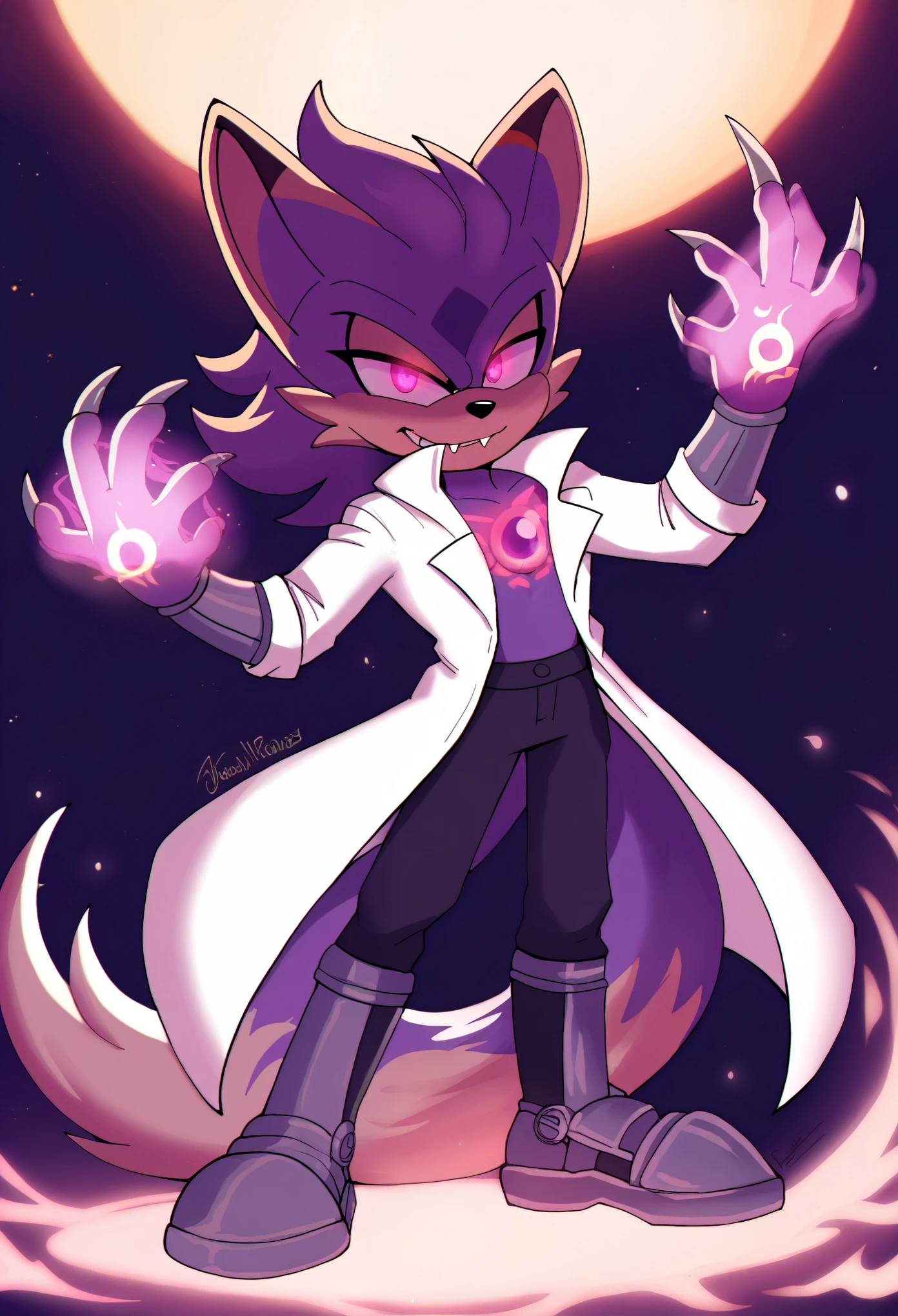 1boy, male fox mobian, anthropomorphic, galaxy fur, void black fur with stars, glowing purple eyes, mischievous smile, sharp vampiric fangs, wearing a white lab coat, black t-shirt, black pants, lab coat with various pockets, steel-toed boots, sharp steel claws, Goggles, amethyst gemstone on forehead and back of hands, wielding dark shadow flames, dark purple shadow energy, sleek and sharp figure, confident pose, space aesthetic, dark, cool lighting, mysterious, ethereal, focused, dynamic action scene, sci-fi, high quality, detailed, detailed face, extremely detailed eyes, masterpiece, 4k, 8k, high-res, ultra-detailed, physically-based rendering, vivid colors, studio lighting cinematic lighting, dramatic lighting, fantasy, dramatic composition, dynamic pose, volumetric lighting, glowing runes, ethereal runes, rune-covered body, magical aura, purple energy, enchanted markings, shadow magic, magical aura intricate details, glowing magical energy, Ethereal runes, glowing eyes, breathtaking scenery, enchanted markings, nature magic, intricate details, glowing magical energy, Full body
