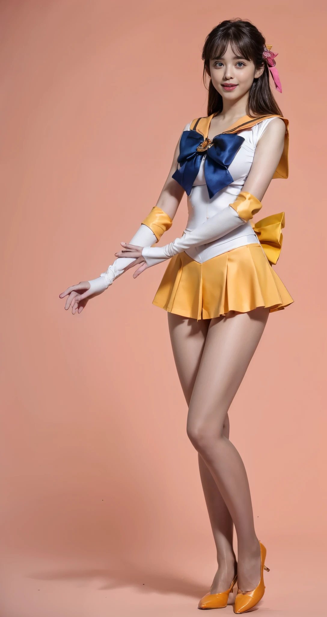 No background、(((Beautiful legs in tights.)))、(((Legally express the beauty of your smile)))、(((Wearing white gloves)))、((((Make the most of your original images)))、(((Sailor Venus Costume)))、(((Short beautiful hair)))、(((suffering)))、(((Please wear beige tights....、Please wear orange pumps.)))、((Best Quality、8k))、((Best Quality、8k、masterpiece:1.3))、(((Save the background )))、Sharp focus:1.2、Beautiful woman with perfect figure:1.4、Slim Abs:1.2、Wet body:1.5、Highly detailed face and skin textures、8k