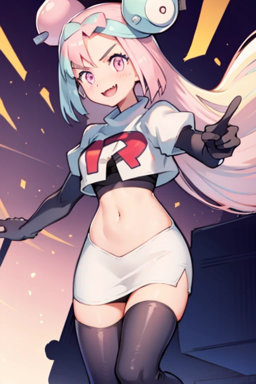 iono,1 girl,pink eyes,solo,smile,open mouth,fangs ,team rocket,team rocket uniform,white skirt,red letter R,crop top,black thigh-highs,black elbow gloves, cowboy shot