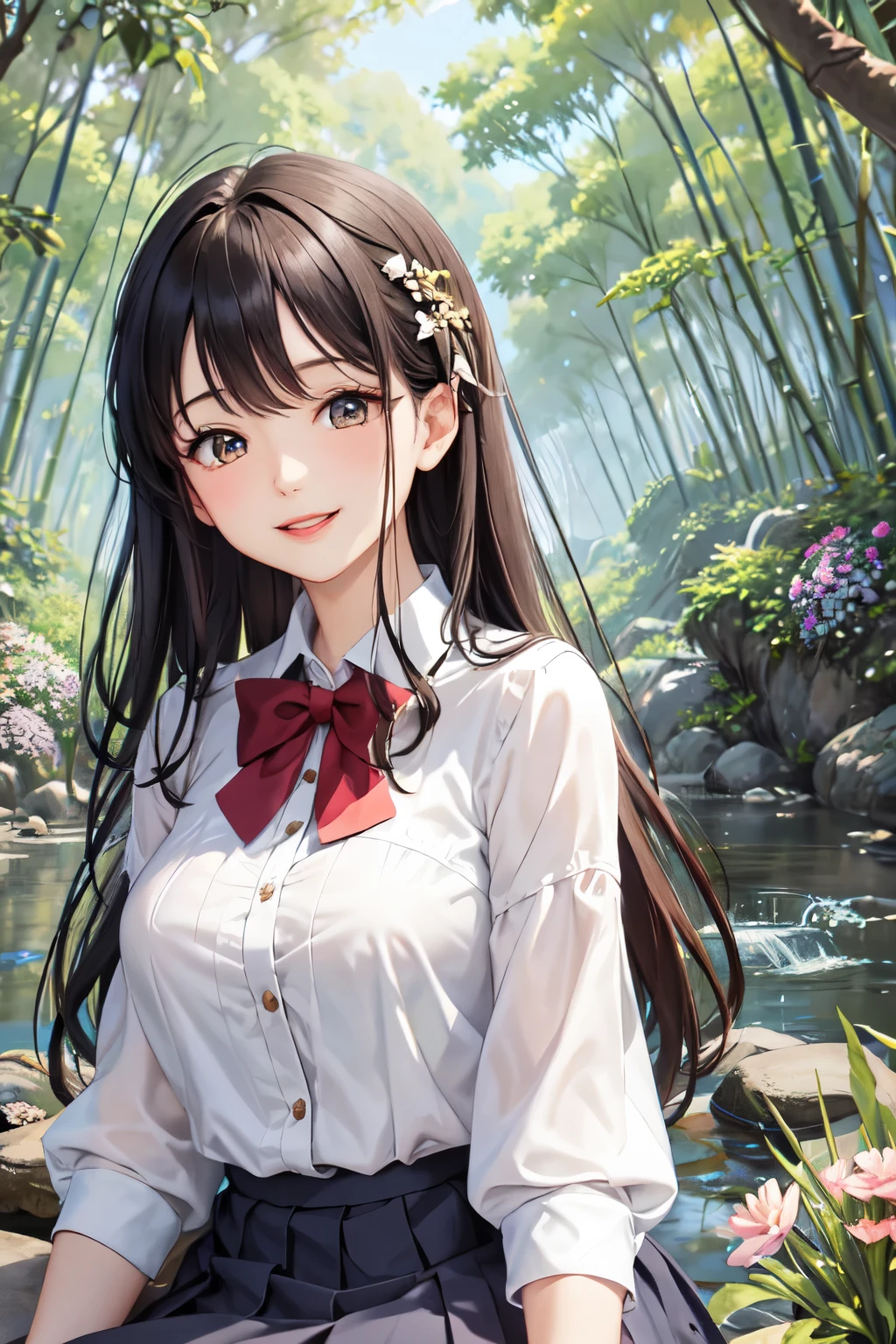 (Best Quality, High resolution, Official Art, 8k), One girl, Large Breasts, (Brown eyes), Light brown-black hair, (Blue and white pleated skirt), Clear facial features, Pink Lips, Look at me and smile, Detailed illustration art, Outdoor, bamboo forest, Stone bench, Stone table, Flowers, grassland, river,  bird, Vibrant colors, Detailed digital art, 