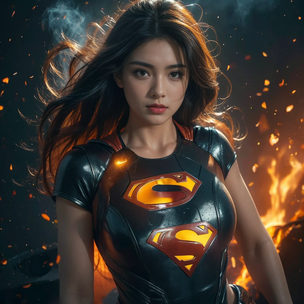 Masterpiece in the making: A superheroic single figure, donning a photo-realistic supergirl suit adorned with the iconic superman logo, stands in a full shot against the backdrop of a night cityscape. Her short,a close up of a woman with a long hair blowing in the wind, woman made of black flames, her body made of flames, amazing digital art, hair made of fire, flames surround her, alena aemani digital art, intricate overlay flames imagery, smoke effects, fire and smoke, stunning digital art, digital art picture, airbrush digital art,mono tone, big breasts , nude , framing her highly detailed face with expressive features. The ultra-high resolution image captures every line, texture, and curve of her slim body.

Beneath her, the dark scene unfolds as rain pelts down, creating a cyberpunk atmosphere with its neon-lit alleys and misty streets. The light from the neon signs illuminates hegure, adding depth and contrast to the dark scene.