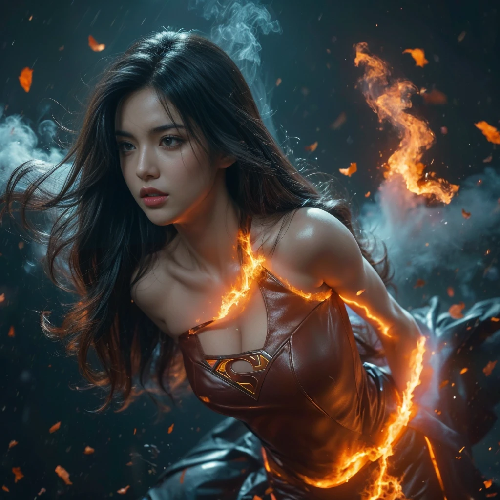 Masterpiece in the making: A superheroic single figure, donning a photo-realistic supergirl suit adorned with the iconic superman logo, stands in a full shot against the backdrop of a night cityscape. Her short,a close up of a woman with a long hair blowing in the wind, woman made of black flames, her body made of flames, amazing digital art, hair made of fire, flames surround her, alena aemani digital art, intricate overlay flames imagery, smoke effects, fire and smoke, stunning digital art, digital art picture, airbrush digital art,mono tone, big breasts , nude , framing her highly detailed face with expressive features. The ultra-high resolution image captures every line, texture, and curve of her slim body.

Beneath her, the dark scene unfolds as rain pelts down, creating a cyberpunk atmosphere with its neon-lit alleys and misty streets. The light from the neon signs illuminates hegure, adding depth and contrast to the dark scene.