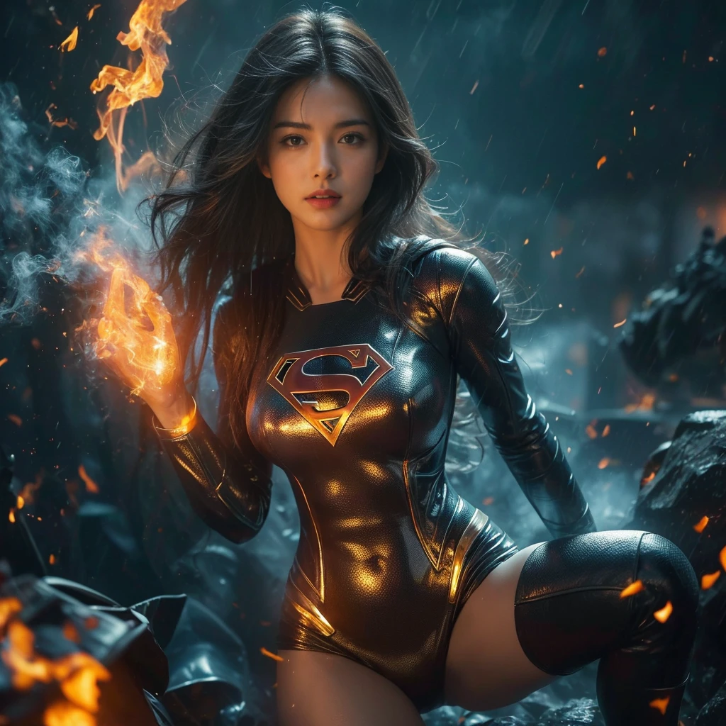 Masterpiece in the making: A superheroic single figure, donning a photo-realistic supergirl suit adorned with the iconic superman logo, stands in a full shot against the backdrop of a night cityscape. Her short,a close up of a woman with a long hair blowing in the wind, woman made of black flames, her body made of flames, amazing digital art, hair made of fire, flames surround her, alena aemani digital art, intricate overlay flames imagery, smoke effects, fire and smoke, stunning digital art, digital art picture, airbrush digital art,mono tone, big breasts , nude , framing her highly detailed face with expressive features. The ultra-high resolution image captures every line, texture, and curve of her slim body.

Beneath her, the dark scene unfolds as rain pelts down, creating a cyberpunk atmosphere with its neon-lit alleys and misty streets. The light from the neon signs illuminates hegure, adding depth and contrast to the dark scene.