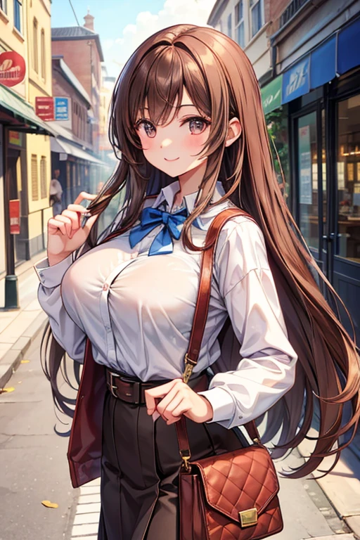 Masterpiece, Best Quality, Official Art, (Highly Detailed CG Unity 8k wallpaper), Detailed background, (Hands by Guido Daniele: 1.1), Feet out of frame, First Person View, 1, Attractive and Perfect Beautiful Woman, Schoolgirl, JK, Schoolgirl Uniform, Rainy Day, Lots of Rain, Windy, (Curvaceous), ( White Thighs: 1.12), (Brown Long Hair: 1.12), (Ahoge (1.13), (high ponytail: 1.12), (green eyes: 1.13), big, (cleavage), beautiful face, (blush: 1.11), (smile: 1.11)