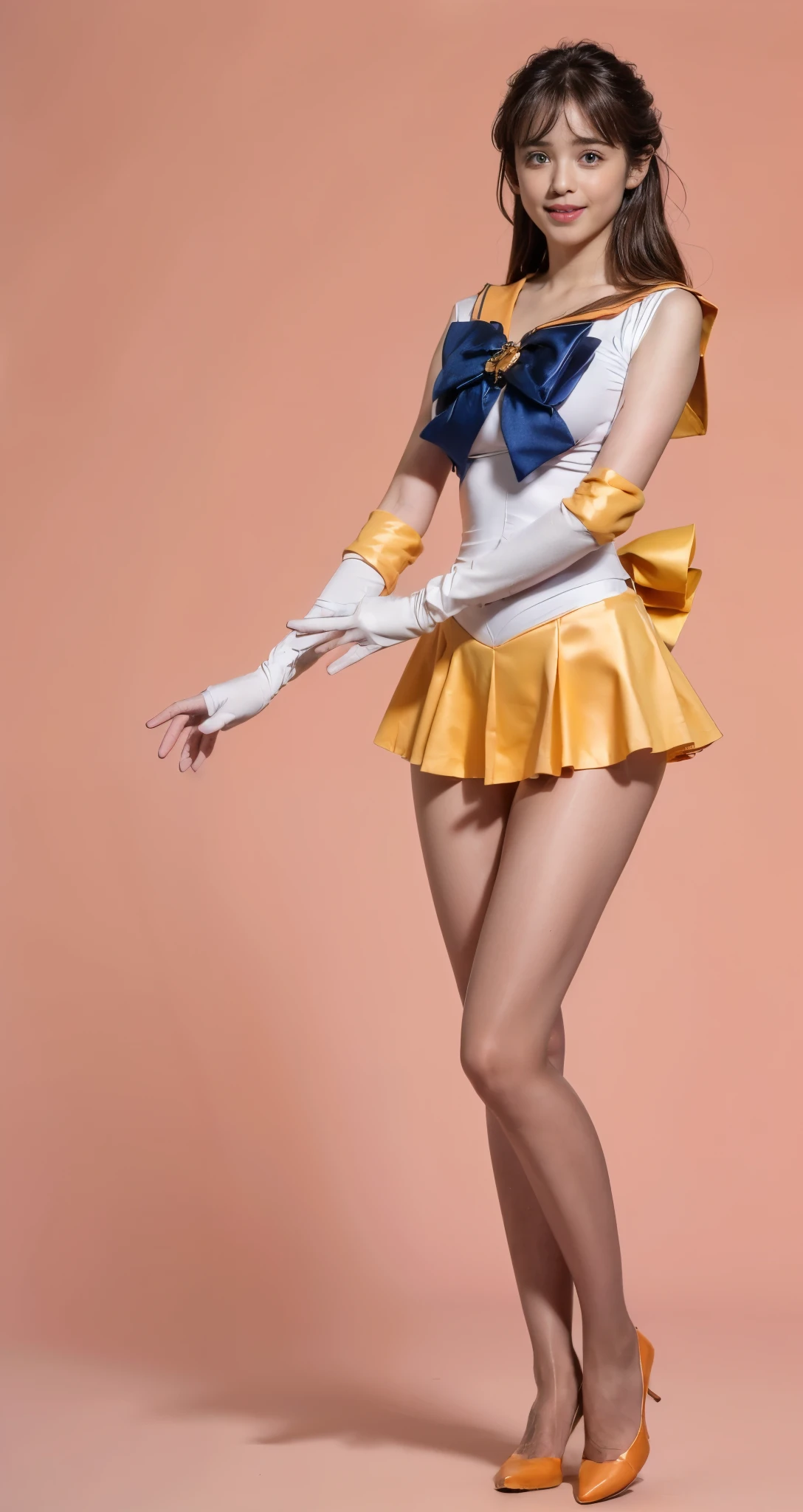 No background、(((Wearing white combat gloves on hands)))、(((Beautiful legs in tights.)))、(((Legally express the beauty of your smile)))、(((Wearing white gloves)))、((((Make the most of your original images)))、(((Sailor Venus Costume)))、(((Short beautiful hair)))、(((suffering)))、(((Please wear beige tights....、Please wear orange pumps.)))、((Best Quality、8k))、((Best Quality、8k、masterpiece:1.3))、(((Save the background )))、Sharp focus:1.2、Beautiful woman with perfect figure:1.4、Slim Abs:1.2、Wet body:1.5、Highly detailed face and skin textures、8k