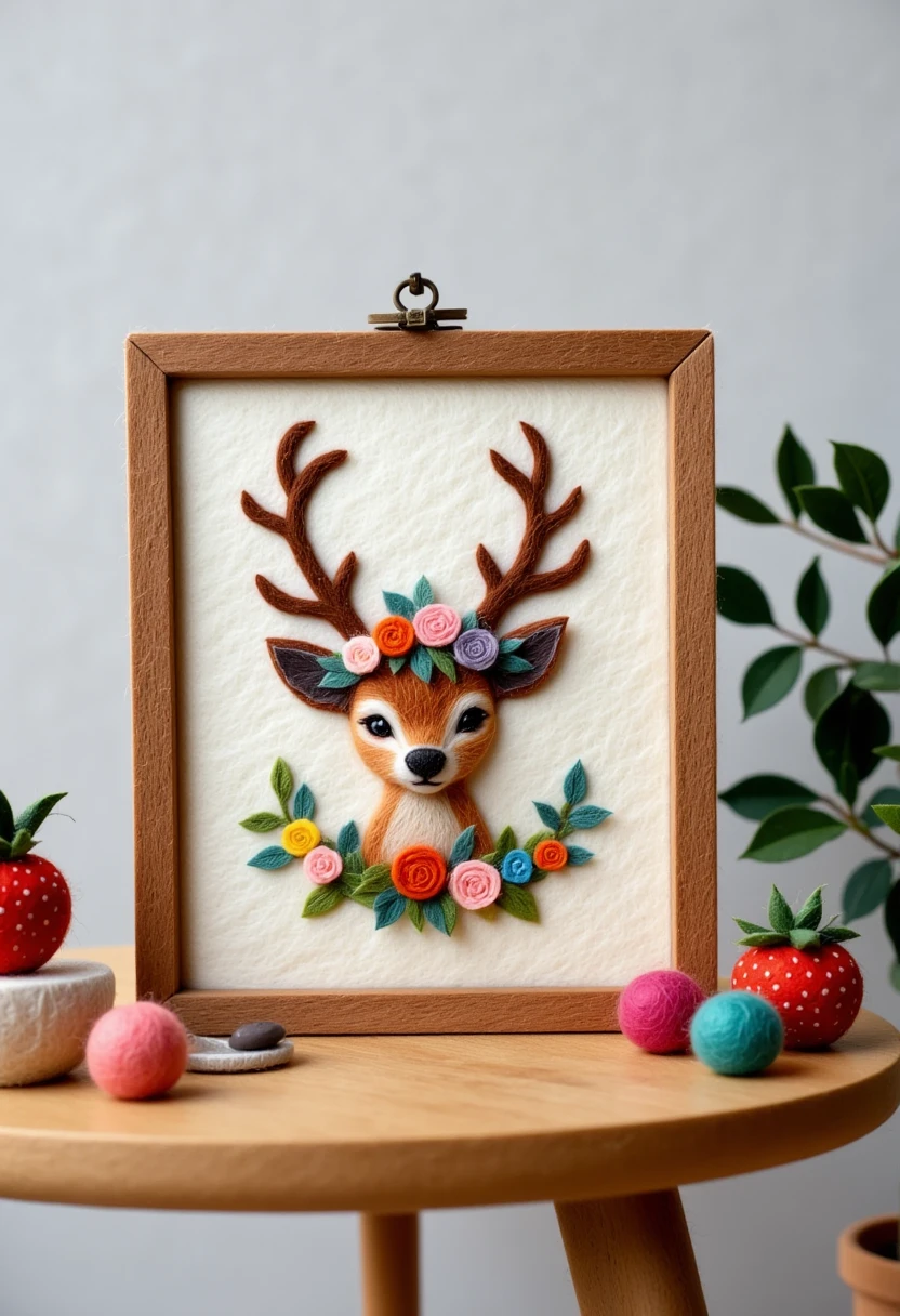 A beautifully framed felt painting is placed on the table：Close-up of a deer wearing a wreath of flowers and decorations, Beautiful wooden photo frame， Added details, needle felt art, Detailed plush toy, illustration!, Anthropomorphic deer, Wool Felt Art, Traditional Art,