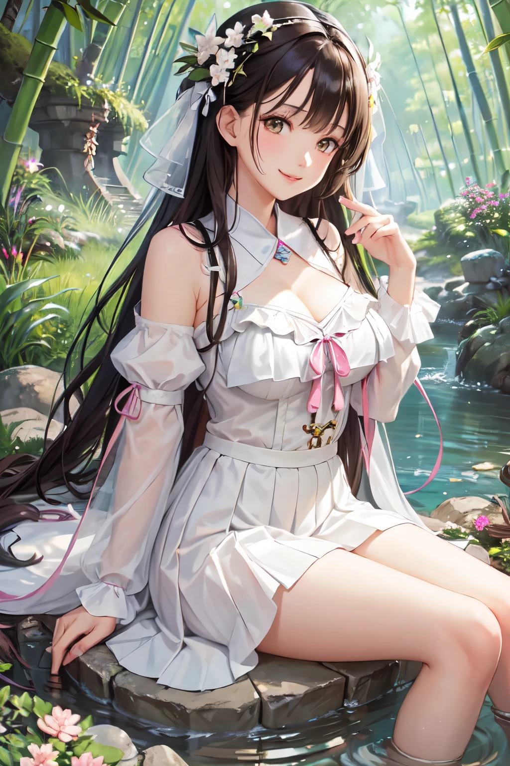 (Best Quality, High resolution, Official Art, 8k), One girl, Large Breasts, (Brown eyes), Light brown-black hair, (Blue and white pleated skirt), Clear facial features, Pink Lips, Look at me and smile, Detailed illustration art, Outdoor, bamboo forest, Stone bench, Stone table, Flowers, grassland, river,  bird, Vibrant colors, Detailed digital art, 