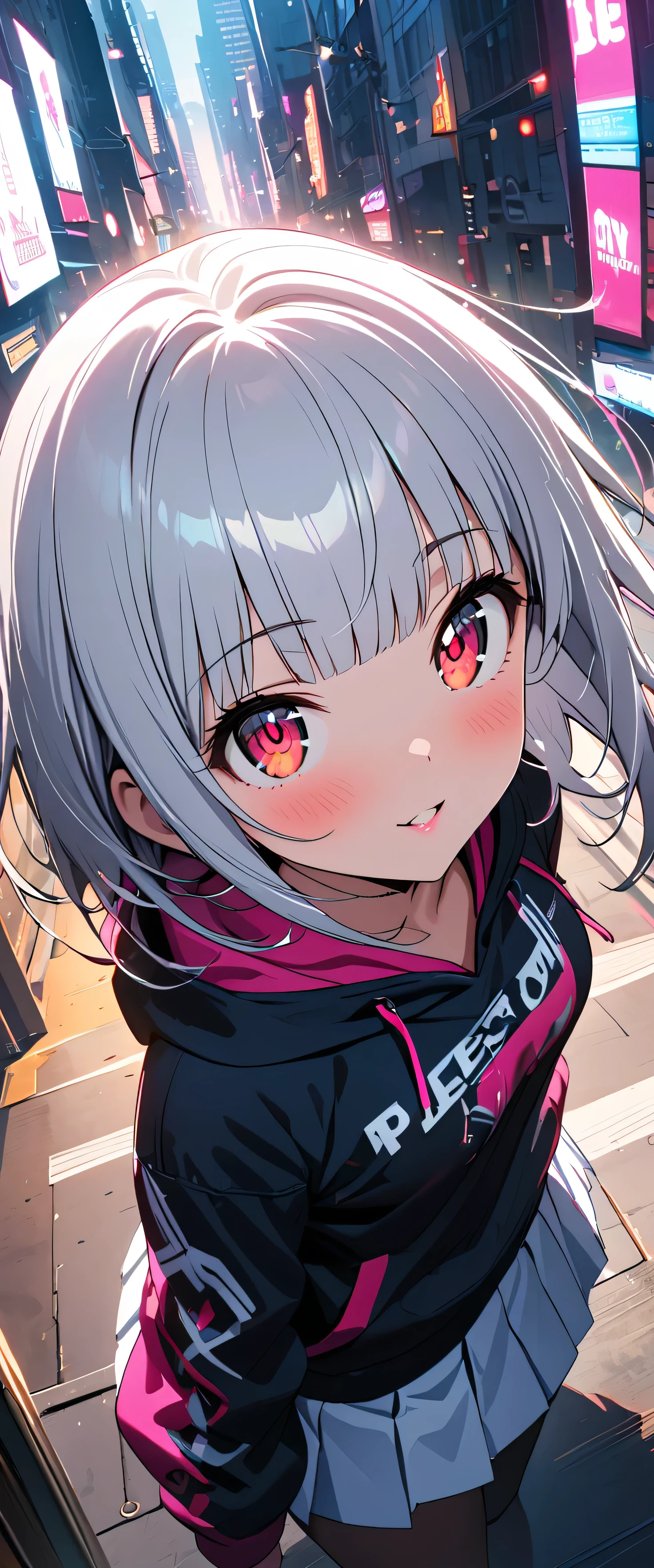 (beautiful girl: 1.3),One girl,masterpiece, Please redeem, Ultra-high resolution,Rich contrast,super high quality,8k,High-definition CG unit wallpaper,Texture,Very absurd,Ultra-high resolution,RAW Photos,Please redeem anime,Depth of written boundary 1.2,(Silver-white hair,Sharp Bob,Straight bangs),Very detailed eyes,Red Eyes,Glowing Skin,Glitter Effect,Beautiful glossy lips,Black hoodie,Pleated skirt,Cyber City,Pink Neon,White beautiful skin,etc,The best smile,(Extremely close:1.5),blush,Looking up,Embarrassing,Tilt your head