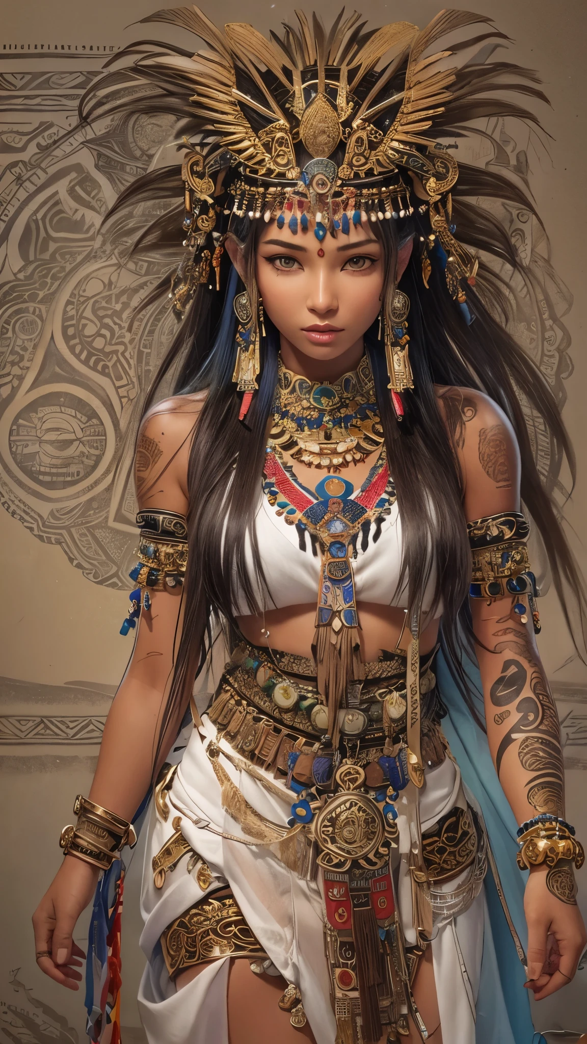 A very realistic and highly detailed portrait of a beautiful Native American woman wearing sunglasses in the future New York City , full-body , ((Zendaya is a Native American woman)) , Indigenous dress  , long  hair, Hand and body tattoos, Fashion pose, Beautiful hazel eyes symmetrical detailed, detailed gorgeous face, Advanced Indigenous Environment , Integration of civilization populations with the technology of the future , outstanding detail, 30 MP, 4k, كاميرا كانون EOS 5D Mark IV الرقمية SLR, 85mm lens, sharp focus, intricately detailed, Long exposure time, f/8, ISO 100, shutter speed 1/125, Diffused backlight, ((award winning photograph)) , facing camera, looking into the camera, Monovision, Perfect contrast, high sharpness, facial symmetry, Depth-of-field, ultra-detailed photography, Raitsar, global illumination, Tanvertamim, downy, Ultra-High Definition, 8k, unreal engine 5, Ultra-sharp focus, award-winning photograph, trending on Artstation