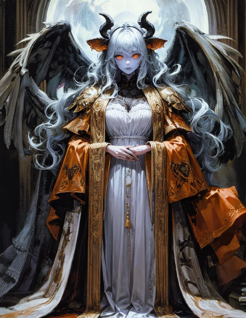 (best lighting) (best quality, masterpiece:1.2), (absurdres), 4k, (detailed eyes), (detailed face), ethereal , demonic woman with ((pale blue skin)) and ((glowing orange eyes)) wearing medieval armour and bodysuit. She has long white hair and is standing in front of a towering gothic castle, illuminated by a large moon over head, curvy, white wings and long horns, dark, moody, ((gothic)), ((dark fantasy)), medieval