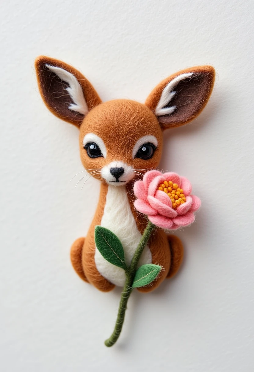 Felt Brooch：There is a picture of a deer holding a flower in its mouth, Needle felt art, Wool Felt Art, Deer portrait, White background
