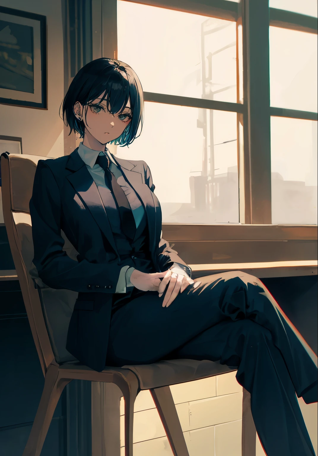 Anime style, a female mafia boss with short black hair, wearing a black suit jacket, formal trousers, and a neatly tied necktie, dark brown eyes glaring intensely with a sharp and piercing gaze, sitting in a chair with her legs crossed, leaning slightly back into the chair with an air of authority, her posture relaxed yet dominating, arms resting on the chair's armrests, glaring expression, (70s noir film style, dim lighting, smoky room, vintage furniture, (highly detailed and polished art style)), filling most of the frame, with minimal emphasis on lips