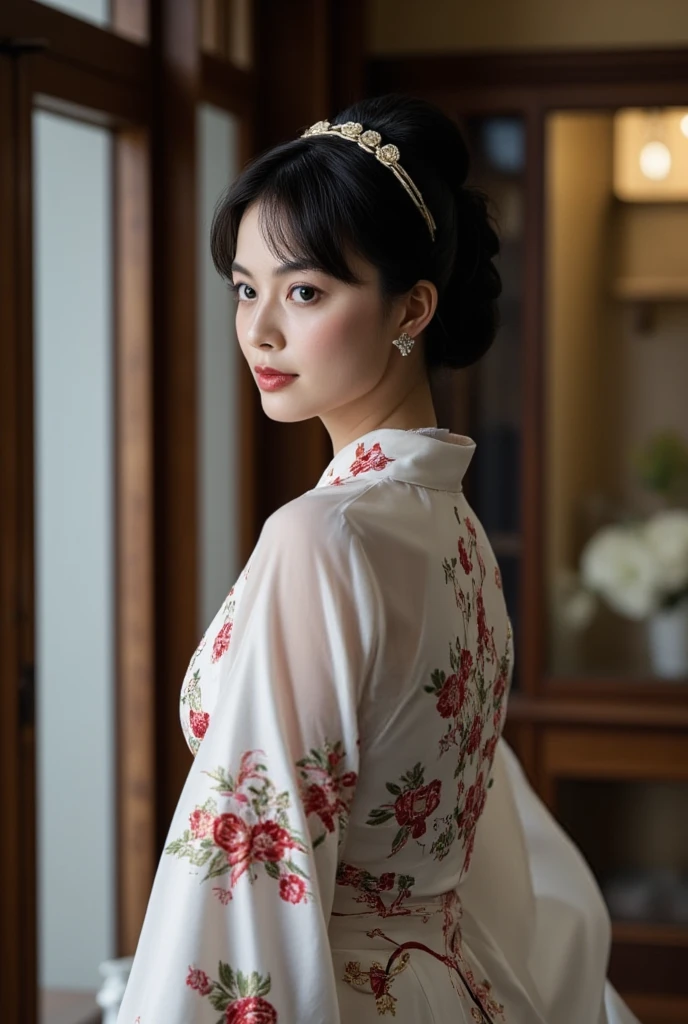 cowboy shot,  side face, 1 woman, beautiful young Japaneses woman,  20-age, (Black hair , chignon , fringe, beautiful dark brown eye, serious), (C cup breasts, wide hip), ( Japanese traditional Kimono, kimono's below  flower pattern , White obi with flower pattern, obi string ) , in my home , ((super detail, high details, high quality, accurate, anatomically correct, textured skin, beautiful fingers super detail, high details, high quality, best quality))