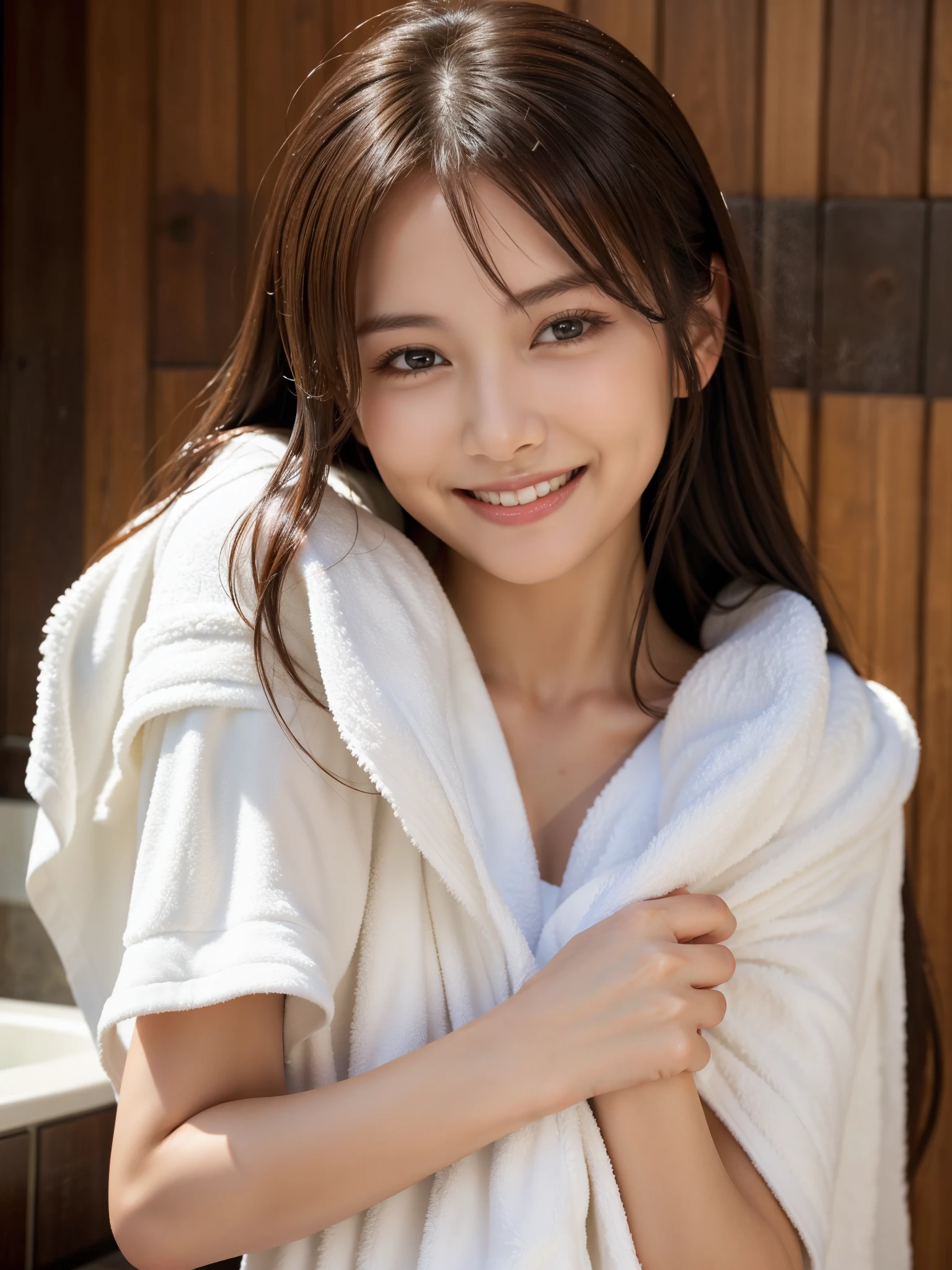 highest quality, masterpiece, ultra high resolution, (realistic:1.4), (close portrait) RAW photo, 1 girl, 22 years ago,((Private open-air bath)),((wrapping a bath towel around one's body)),((Milky water)),(((Steaming hot springs))),((My face is burning from the heat))masterpiece, realistic 日本の写真, saturation, contrast, Pocari Sweat Advertisement ((small breasts)),((smile showing teeth)),I'm putting a towel on my head,brown hair,