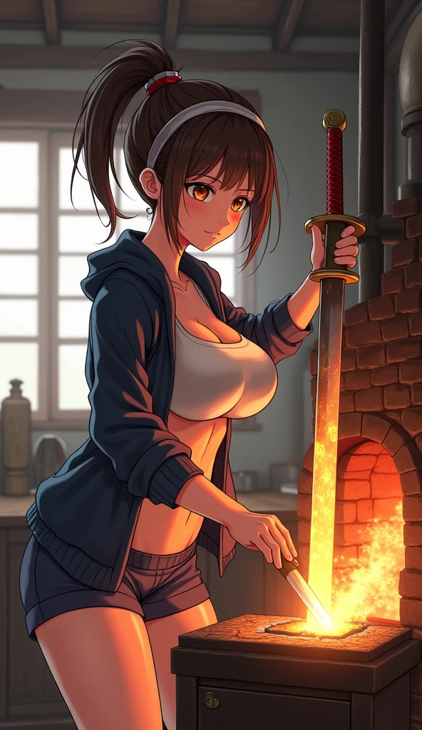 （masterpiece:1.3),(best quality:1.4),(actual:1a.4）,foundry shop,anime characters,Japanese style girl,single ponytail,headband,Big breasts,Jacket,Exposing belly,shorts,on the stove,Blacksmithing,Forged sword type,masterpiece, Ultra HD, 