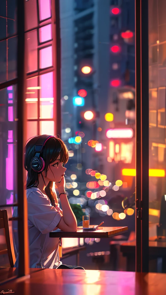 1girl, solo, night cafe, city night view through window, closed mouth, character side profile, headphones, anatomically correct, studying alone, (best quality, 4k, 8k, highres, masterpiece:1.2), ultra-detailed, (realistic, photorealistic, photo-realistic:1.37), HDR, UHD, studio lighting, ultra-fine painting, sharp focus, physically-based rendering, extreme detail description, professional, vivid colors, bokeh, interior table