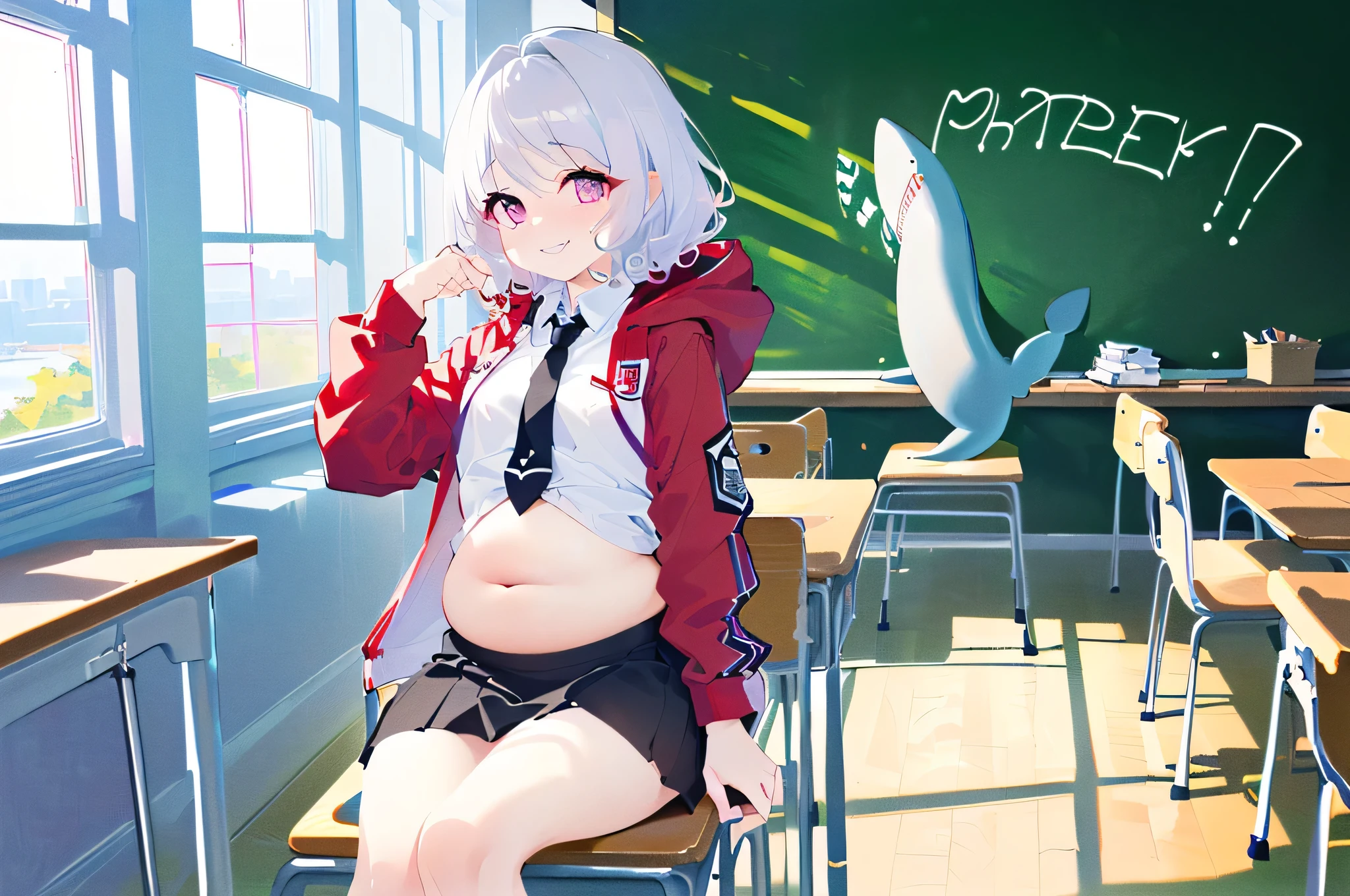 1girl, (Taken from a distance:1.5),(frontal:1.5),(Sitting on a soft chair:1.5),(school, Red hooded jacket with hood,  black skirt, long shirt, tie, classroom, window, Lots of chairs and desks, blackboard, morning, window으로 들어오는 햇빛, azure, Beautiful shade, Lively:1.5), (morning, Sunshine:1.5), (Beautiful shade:1.5),(A well-made chest, shark teeth, sharp teeth:1.5), (Purple eyes:1.5), (White hair, curly short hair, The lower part of the hair is dyed pink.:1.5), (Barefoot, flushing:1.5), (Smiling faintly, flushing, Ashamed:1.5),(Belly fat:1.5), (Chubby legs and butt :1.3)
