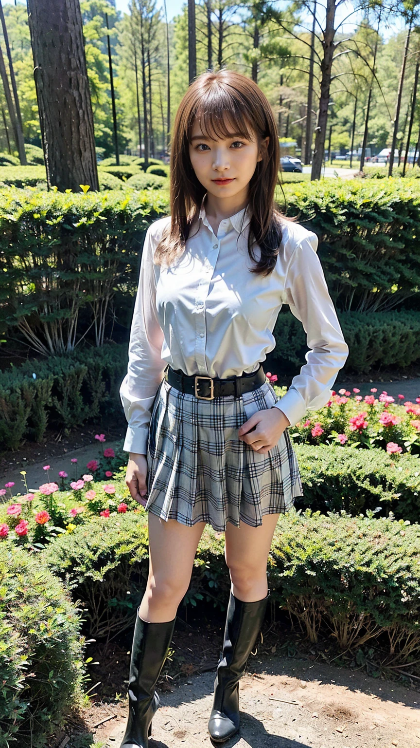 (8k、RAW Photos、Best Quality、masterpiece:1.2)、(Realistic、Realistic)、1 person、((Medium Hair、shirt、Breast enlargement、Checked skirt、Thin legs、boots、View from the front、Looking into the camera、garden、Stand with hands on hips))、cute