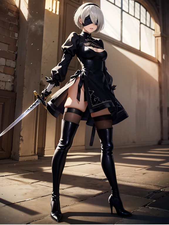 Yolha No. 2type B,2b, One Girl, Alone, short hair, thighhighs, gloves, Long sleeve, dress, holding, , Medium Breast, standing, whole body, arms, Gray Hair, Hairbands, boots, puff sleeves, Black knee socks, black shoes, holding&smash arms, 刀sword,mole, black dress, High heels, leotard, Clothing patterns, thigh boots,  cutout, black Hairbands, Juliet Sleeve, mole under mouth, To the audience, high heel boots, Blindfold, I hid my eyes, black Blindfold, masterpiece, 