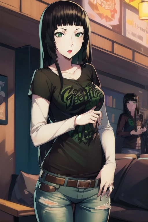 hifumitougou, hifumi tougou, (green eyes:1.5), black hair, long hair, bangs, blunt bangs, 1girl, solo, standing, black t-shirt, white shirt, blue jeans, belt, lipstick, eyewear on head,