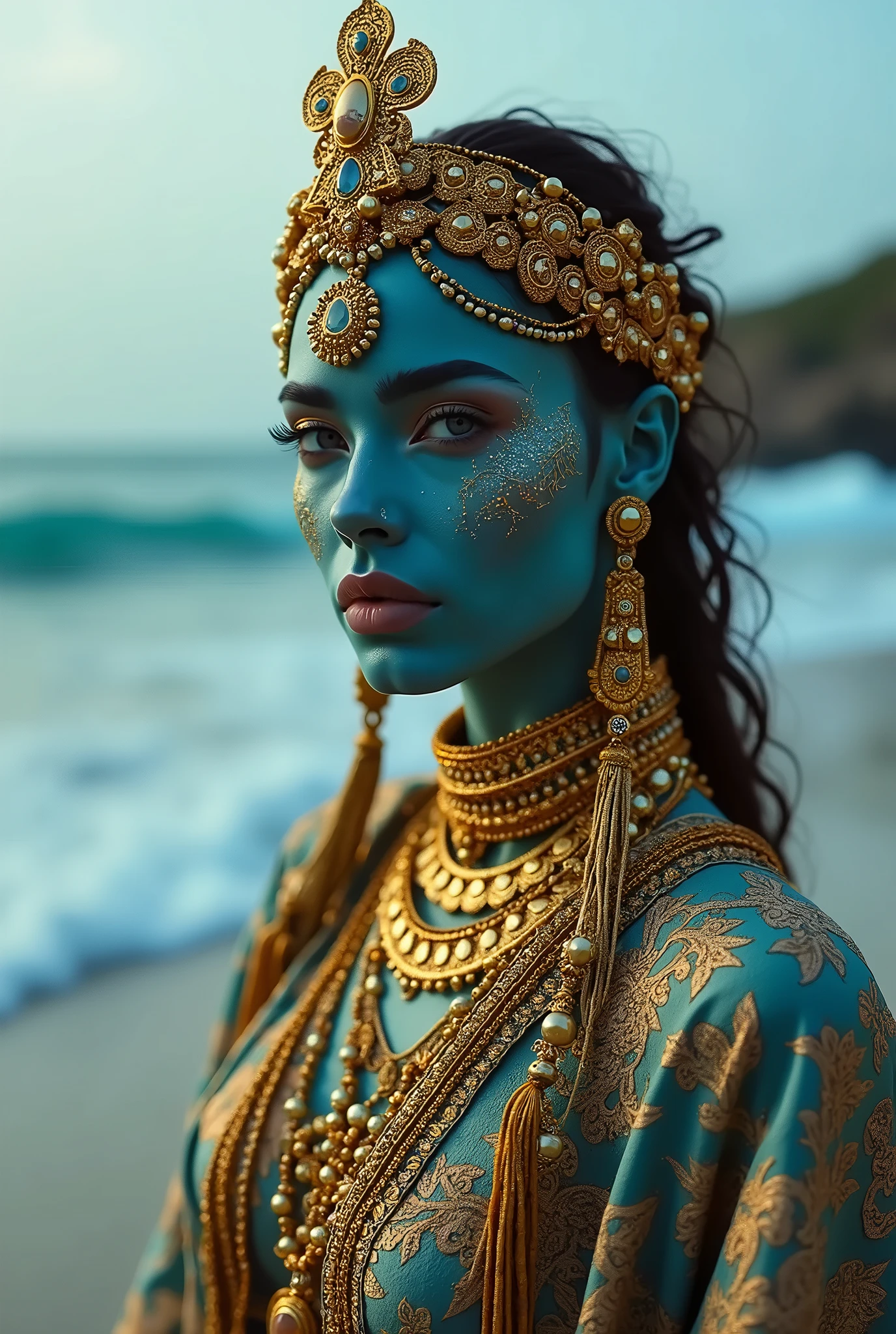 
A fantasy character with intricate, glowing blue tribal tattoos and elaborate headgear set against a background lit with an orange glow. The character's face is partially shadowed, with luminescent elements highlighting their features. They have bluish skin and wear detailed, beaded necklaces. The overall ambiance is mystical and otherworldly.
