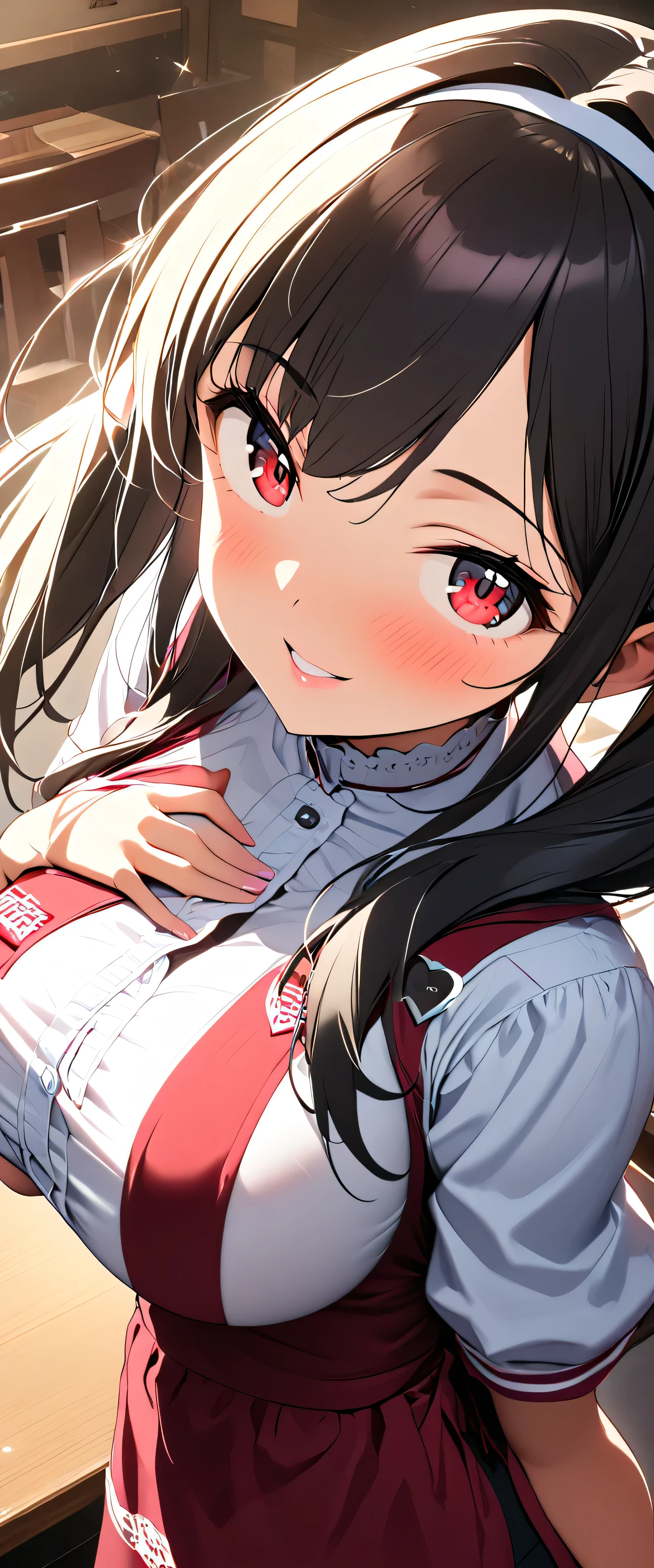 (beautiful girl: 1.3),One girl,masterpiece, Please redeem, Ultra-high resolution,Rich contrast,super high quality,8k,High-definition CG unit wallpaper,Texture,Very absurd,Ultra-high resolution,RAW Photos,Please redeem anime,Depth of written boundary 1.2,(Black Hair,high twintails,Straight bangs),Very detailed eyes,Red Eyes,Glowing Skin,Glitter Effect,Beautiful glossy lips,(Shirred collar,Heart-shaped name plate,A bib apron with a wide opening at the chest,Wine red apron),anna miller,restaurant,A female store clerk carrying a dessert pie with a big smile,(Huge breasts:1.8),Big Ass,(Close up on chest:1.5),hair band,etc
