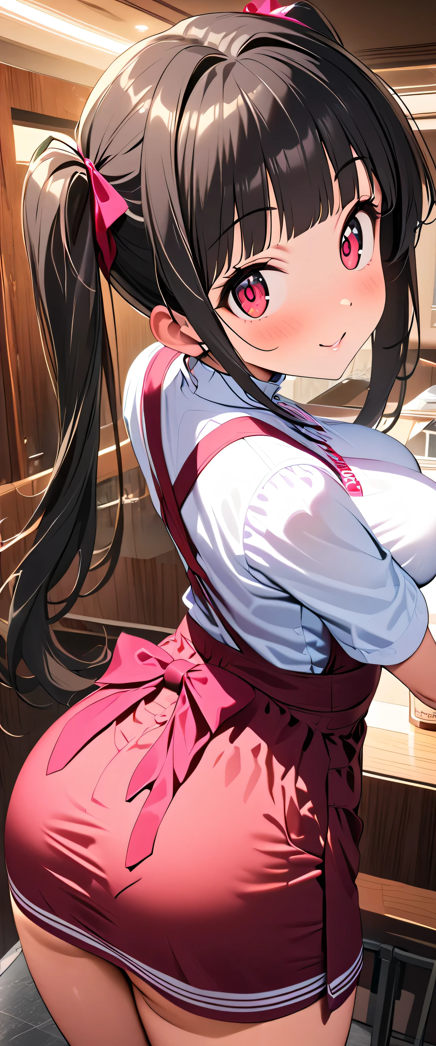 (beautiful girl: 1.3),One girl,masterpiece, Please redeem, Ultra-high resolution,Rich contrast,super high quality,8k,High-definition CG unit wallpaper,Texture,Very absurd,Ultra-high resolution,RAW Photos,Please redeem anime,Depth of written boundary 1.2,(Black Hair,High Twintails,Straight Bangs),Very detailed eyes,Red Eyes,Glowing Skin,Glitter Effect,Beautiful glossy lips,(Shirred collar,Heart-shaped name plate,A bib apron with a wide opening at the chest,Wine red apron),anna miller,restaurant,Smiling female shop assistant carrying dessert pie,(Large Breasts),((Huge Ass:1.3)),etc,(Rear View:1.5)