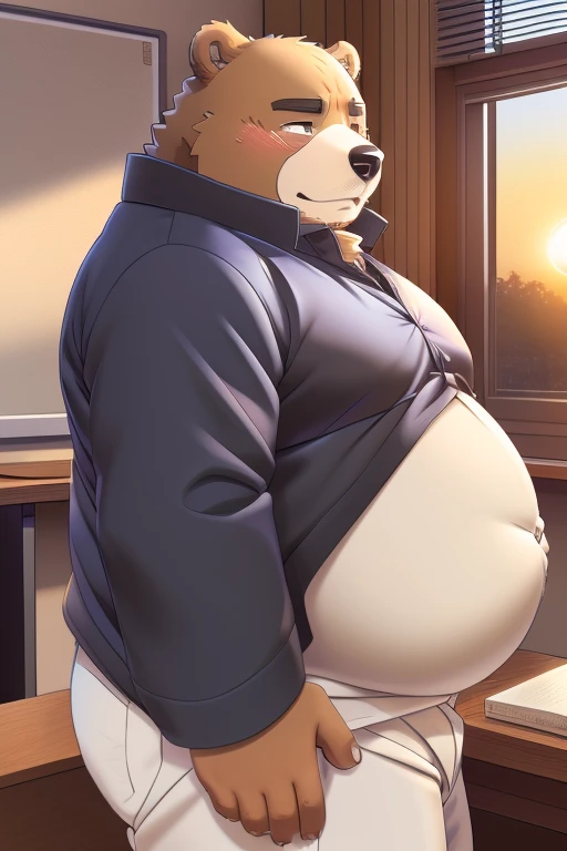 Weight gain、Being overweight、（（male））（（Dog and bear））、fur、Fluffy、cute、blush、Crying face（（Wearing gakuran））（（teacher、student、School、classroom、Desk and chair、Study、During class)）（（夕方のclassroom、Sunset from the window））（（Showing off anal）