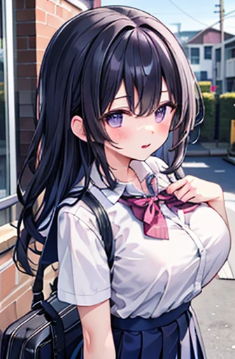 1girl,blue black hair, okappa,school uniform, skirt lift,sexy purple panties,solo,blush,smile,smug,doyagao,hair between eyes