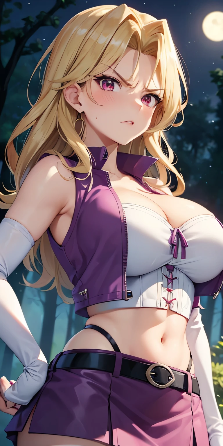 1 Female,High definition,high resolution,Ultra-realistic,8K, kujaku mai, blonde hair, red eyes, breasts, blush, purple skirt,tight skirt, miniskirt, long hair, large breasts, elbow gloves, white gloves, navel, cleavage, detached sleeves, midriff, belt, vest, crop top, bustier,European,sexy,Upper body close-up,Photographed from the front,Dynamic Angles,blush, huge tits,((upper body)),(angry:1.3), moonlight ,dark sky,forest