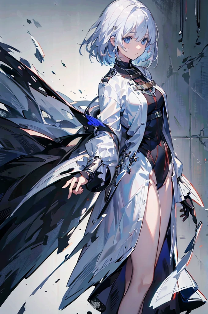 (masterpiece:1.2, Please redeem),(Colored Background) (Beautiful attention to detail: 1.2), (High resolution CG Unity 8K wallpaper, masterpiece, Please redeem, Very detailed, Best Shadow), (Detailed Background), White jacket, short hair, ,arms(Giant Gauntlet),Alone ,Pale Hair,Pale eyes,1 person, sketch (Character design sheet, same characters, whole body, Three Views, Front, ~ ~ side, return), Alone,　Pale Hair, blue eyes, Tall