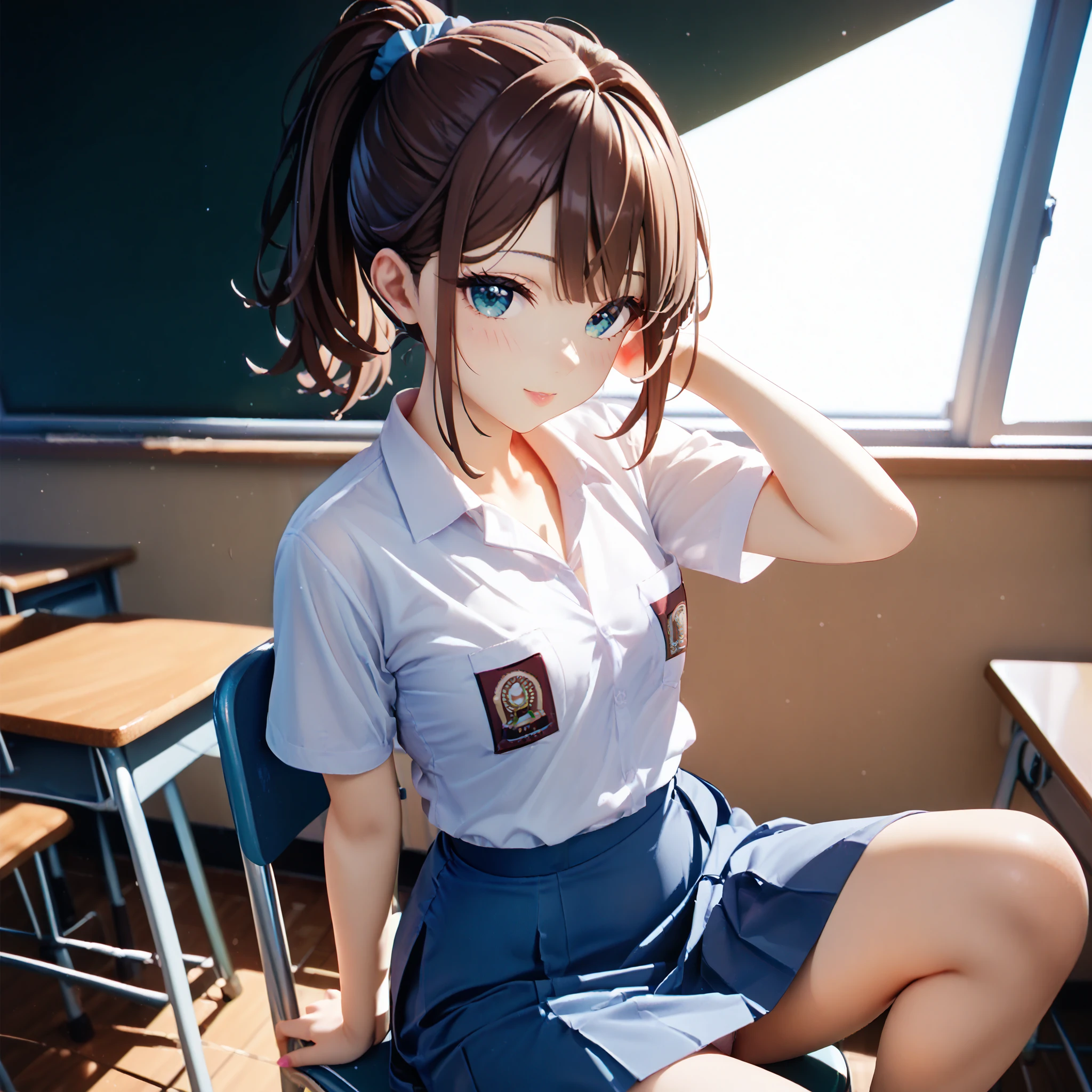 ((((small breast)))), (one girl one man), white panties, cute lori, high definition, masterpiece, Short haired teen girl, dark brown hair, ((ponytail hair)), beautiful cyan eyes, (((wearing indonesian high school uniform))), ((white shirt)), ((pencil waist high skirt)), (((no tie))), cute sitting pose, sitting on chair inside the classroom, side skirt lift, panties tease, panties peek, side pov, shuush hand sign, side glance, side view