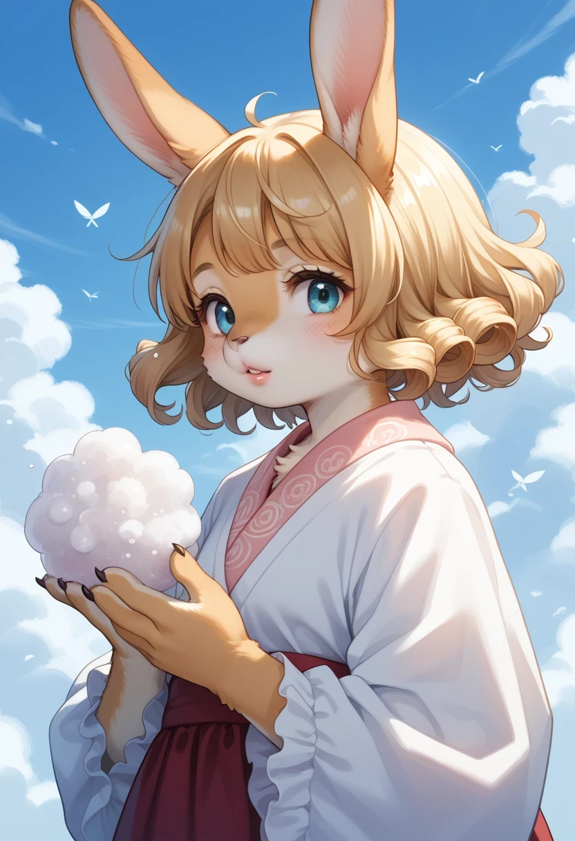 score_9, score_8_up, score_7_up, score_6_up, score_5_up, score_4_up, source_anime, best quality, amazing quality, very aesthetic, absurdres, 1girl, (furry, kemono:1.2), rabbit, solo, (Magnificent scene of foam), lips, portrait, blonde hair, looking at viewer, nose, short hair, brown hair, parted lips, sky, A detailed digital portrait of a woman's face, adorned with a wavy, curly hair and pink lips. The background is a deep blue, with white foams floating in the air, creating a sense of depth and movement.