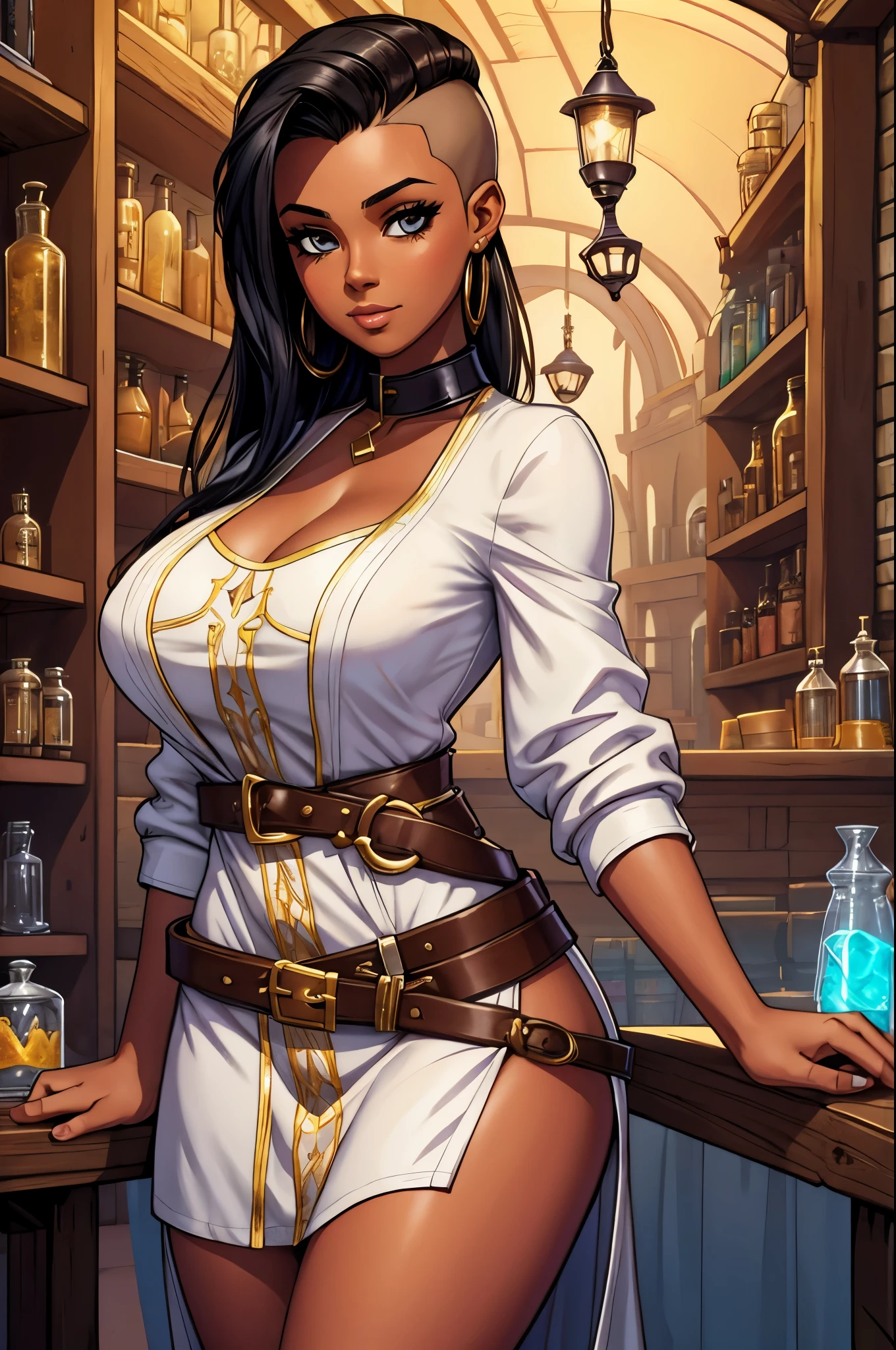 young fantasy shopkeeper woman, alchemist,  brown skin,  side shaved black hair, cute, slutty, simple white tunic, potions, belt