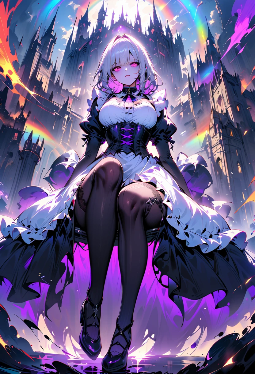 ((masterpiece:1.4,best quality)),(Super detailed),(Extremely detailed eyes),(Shiny socks:1.5),Hello Darkness
(Cute girls),15 years old,(Blood-red pupils,Diamond-shaped pupil:1.15),Purple Eyeshadow,(elongated hair,Thick hair,Single ponytail,shiny hair:1.5)(Changes through:1.2),despair,sad,Empty eyes,tears streaming down my face,tilting its head to the side,
(She wore a blue dress,:1.5),(Black gloves:1.4)Very long plush sleeves,White,White Cloud,Dream bubbles ,Ice and glitter effects
(Black long skirt:1.1),
((Starry Sky:1.2)),
(Intense black and white:1.16),(Depth of Field:1.4),,Intricate details,(((Detailed background,Castle in the Sky,Purple flowers by the lake))),(((Huge breasts,Bare breasts,Deep cleavage,White stiletto high heels,Transparent clothes)))