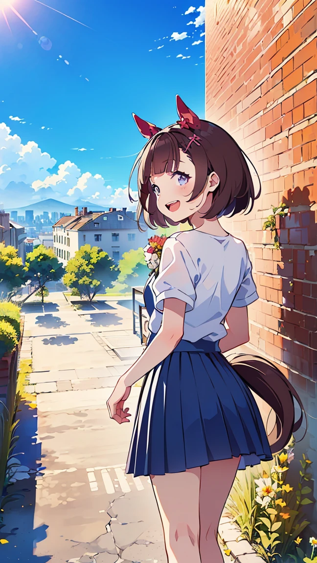 masterpiece, Best Quality, High resolution, Very detailed,(((Nishino Flower))), (((Horse Girl))), (((White T-shirt))), (((skirt))), (((Standing))), (((Facing forward。))), (((blue sky))), (((Brick wall))), (((With the city as a background))), (((Laughing。))), (((building)))