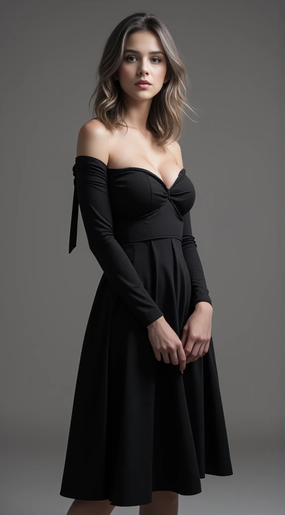 retrato completo de uma mulher europeia de 20 e poucos anos, cabelo loiro, hiper realista super detalhado, she is inside the house, bonitinho, Vida real, natural, posando, (((She's wearing a short black dress)))