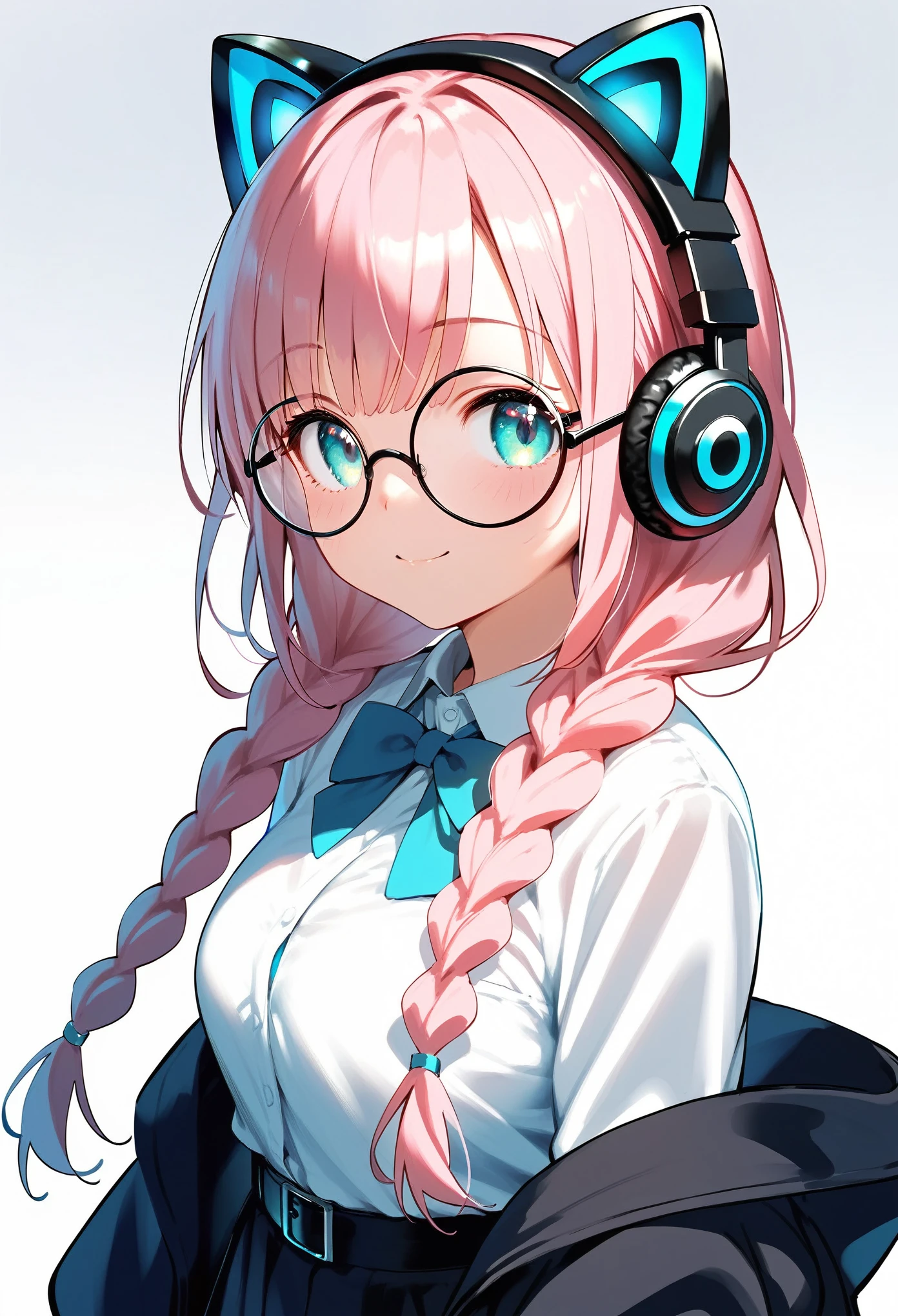 (best quality:1.2), (ultra-detailed:1.2), (2.5D:1.2), (Anime Moe Art Style), 1girl , pink hair, Cyan eyes, gradient eyes, twin braids, blue Glowing cat ear headphones, black round glasses, 黒いレオタード, はしゃぐ, cowboy shot,