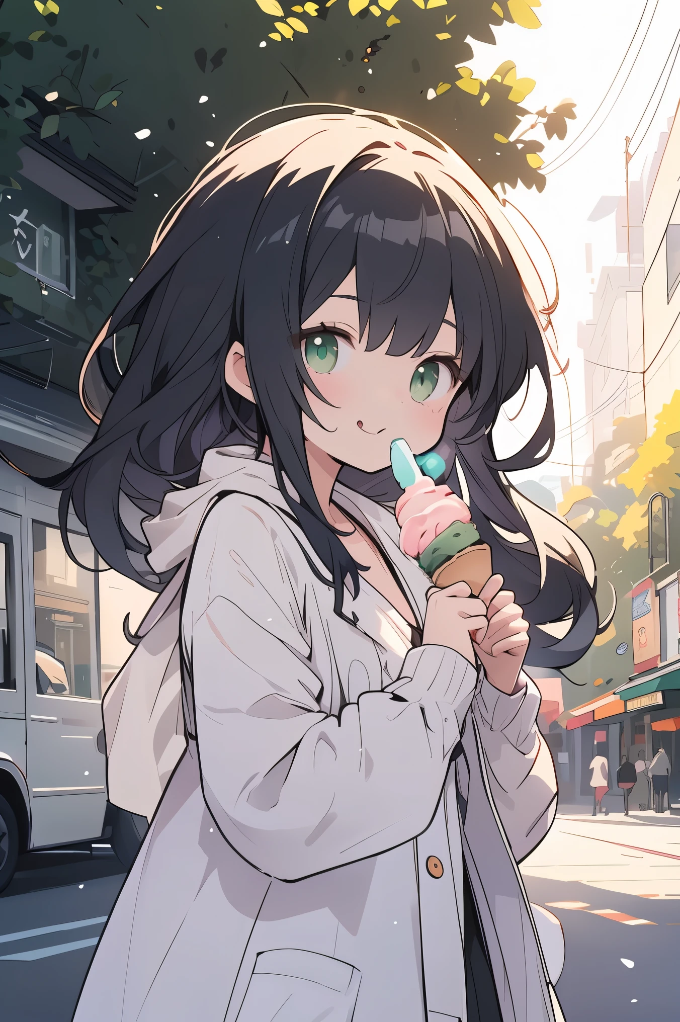 ((Best Quality、8k、masterpiece:1.3))、Anime Style、Human Girl、One person、1 person、((Petite、Glamorous Body、Curvy))、cute、Sticking out your tongue and licking the soft serve ice cream、smile、((Long black hair blowing in the wind))、Beautiful emerald green eyes、Hold a soft serve ice cream in your right hand,Light purple cardigan,Look to the side,Bust Shot,