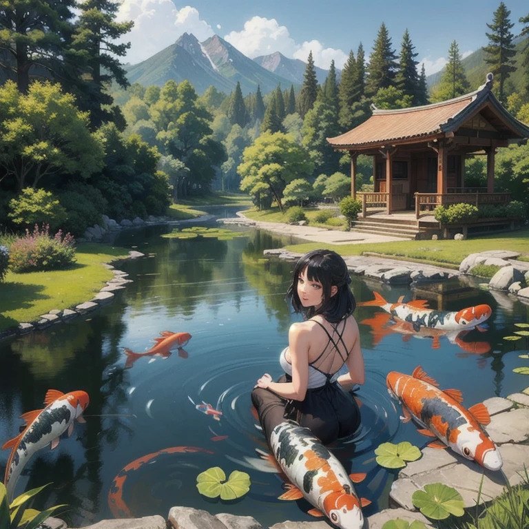 Masterpiece, highest quality, high resolution background, bright and beautiful atmosphere, 3 girls (2 years old, 1 short-tempered round face), 1 (hair, surface effects), small breasts, girl sitting on the veranda, on the veranda There are dumplings and tea, there is a beautiful pond in the garden, a mini-pig lying face down on the veranda, a mini-pig hiding in the back of the room, "deltamon_sdXL :0.73) >Deltamon",1People Girl、(((nsfw))),