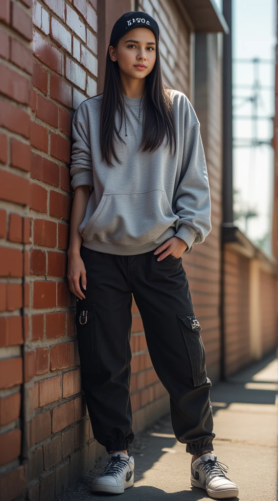 A beautiful young woman with an urban style leaning against a worn brick wall on a hot summer morning. She is dressed in an oversized hoodie, cargo pants, sneakers and a cap. The setting is an abandoned industrial area where youth gather. The lighting is intense from the summer sun emphasizing the colors of her outfit. The camera uses a medium shot with a 35mm lens, focusing on the young woman's rebellious and carefree attitude and the urban style. High resolution 4K image, with bokeh effects in the background to softly blur the surroundings, highlighting the beauty of the young woman.