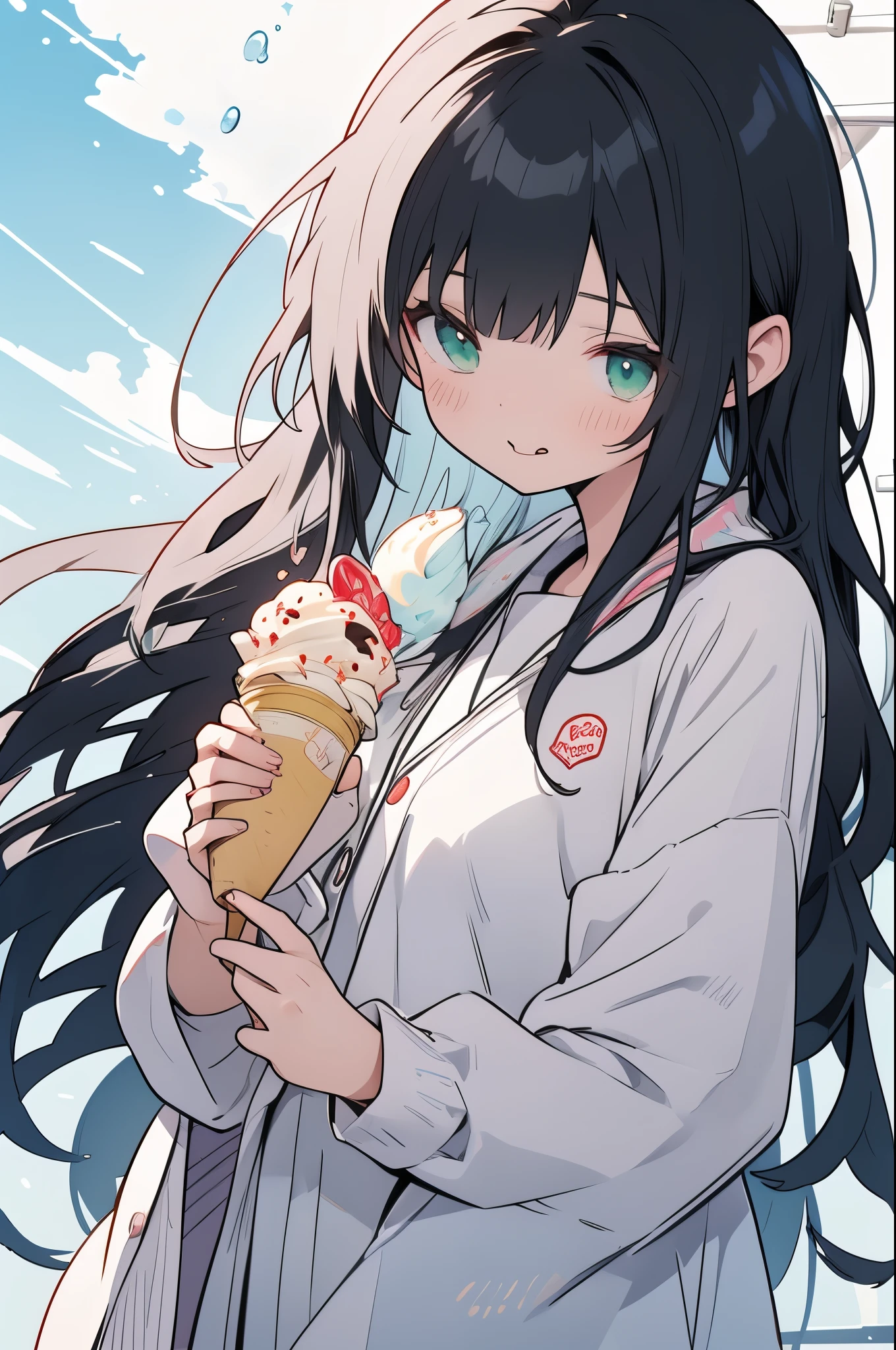 ((Best Quality、8k、masterpiece:1.3))、Anime Style、Human Girl、One person、1 person、((Petite、Glamorous Body、Curvy))、cute、Sticking out your tongue and licking the soft serve ice cream、smile、((Long black hair blowing in the wind))、Beautiful emerald green eyes、Hold a soft serve ice cream in your right hand,Light purple cardigan,Look to the side,Bust Shot,