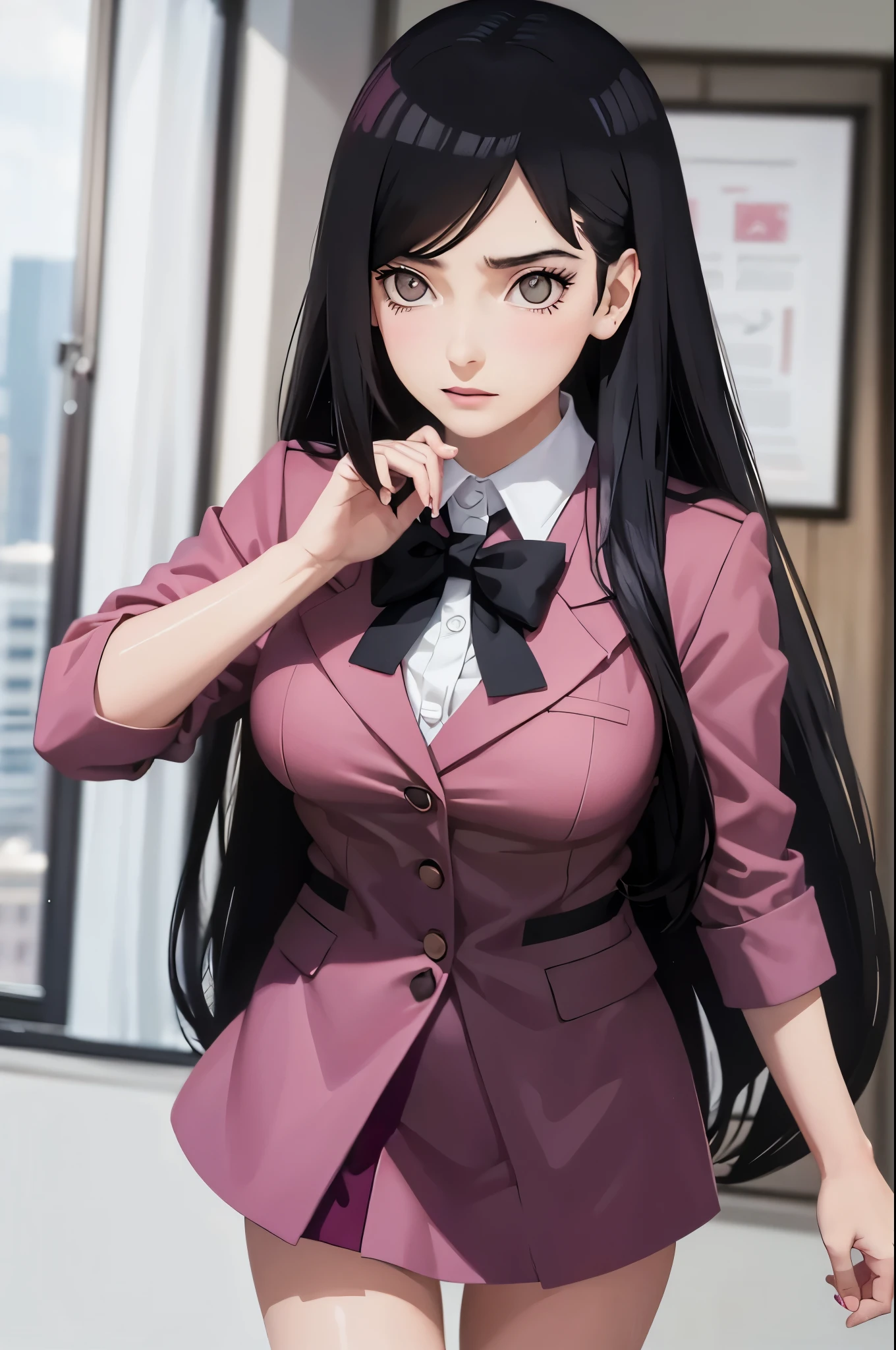 1girl, solo, woman as business, Forehead, side swept hair, black hair, long hair, echanting eyes, sexy lips, pink suit uniform, pink mini skirt, black tie, large breast, front view standing, in luxurious a office.