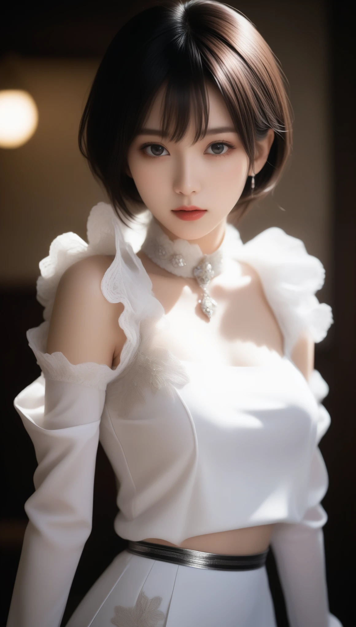 8k, Ultra-high resolution, Best Quality, masterpiece, 三分割法によるphotograph,Surreal, photograph, 1 , (Girl:1.3), cute, cute顔, 細部までBeautiful Eyes, 細かくdetailedに,masterpiece,一人Girl:1.2,Japanese women,female teacher,upper body,glaring,Black Short hair,Short twin tail hair,ID photo,future,Brutal Cyberpunk Woman,Luxurious and gorgeous,classroom,Large windows,((Rococo style instructor uniform:1.5)),Overly decorative fashion,Lavish Decoration,(BDSM Mistress),(With collar),(Upper class lady:1.5),Expressions of despair,Dark and atmospheric lighting,Subtle details, detailedな顔,anger,Attractive eyes,(ポートレートphotograph:1.4),(Photorealistic images:1.4),Fantasy art,(Beautiful Face:1.4),美しくAttractive eyes、Beautiful Eyes,Silver Remaining,(Tight waist:1.4)、(Beautiful with perfect body proportions:1.4),Pink Lips,profile,(((Ideal body type))),A cup small bust :2,、Portraiture:2、Perfect Anatomy、鮮明なdetailed、detailed,Thin lips,完璧でBeautiful Face ,完璧でcute顔, Detailed skin, Perfect limbs、Narrow waist,Surreal,Light and Shadow,Fashion magazine cover,spotlight