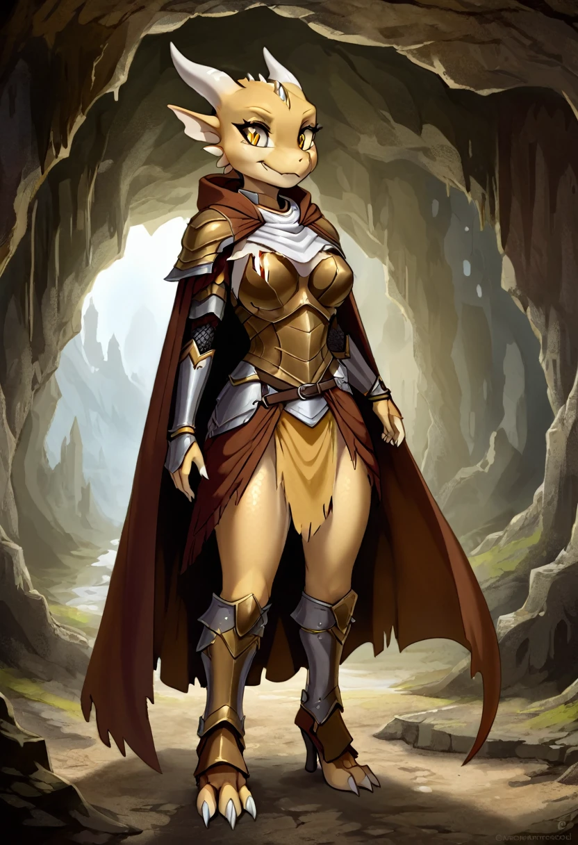 anthropomorphic kobold, female, she has well-detailed gold scales, she has curved horns with white divisions, she has long furry ears, she has beautiful well-detailed yellow eyes, she has wide hips, she is wearing a medieval armor, she is wearing a ruined and torn light brown poncho, she is standing in a cave, in the background are some stalagtites, 2d art style, full body view from the front and looking at the viewer with a happy face .
