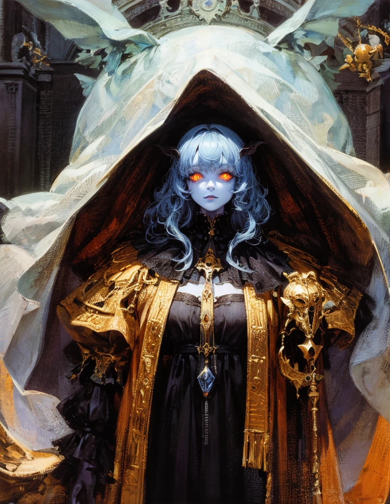 (best lighting) (best quality, masterpiece:1.2), (absurdres), 4k, (detailed eyes), (detailed face), ethereal , demonic woman with ((pale blue skin)) and ((glowing orange eyes)) wearing medieval armour and bodysuit. She has long white hair and is standing in front of a towering gothic castle, illuminated by a large moon over head, curvy, white wings and long horns, dark, moody, ((gothic)), ((dark fantasy)), medieval